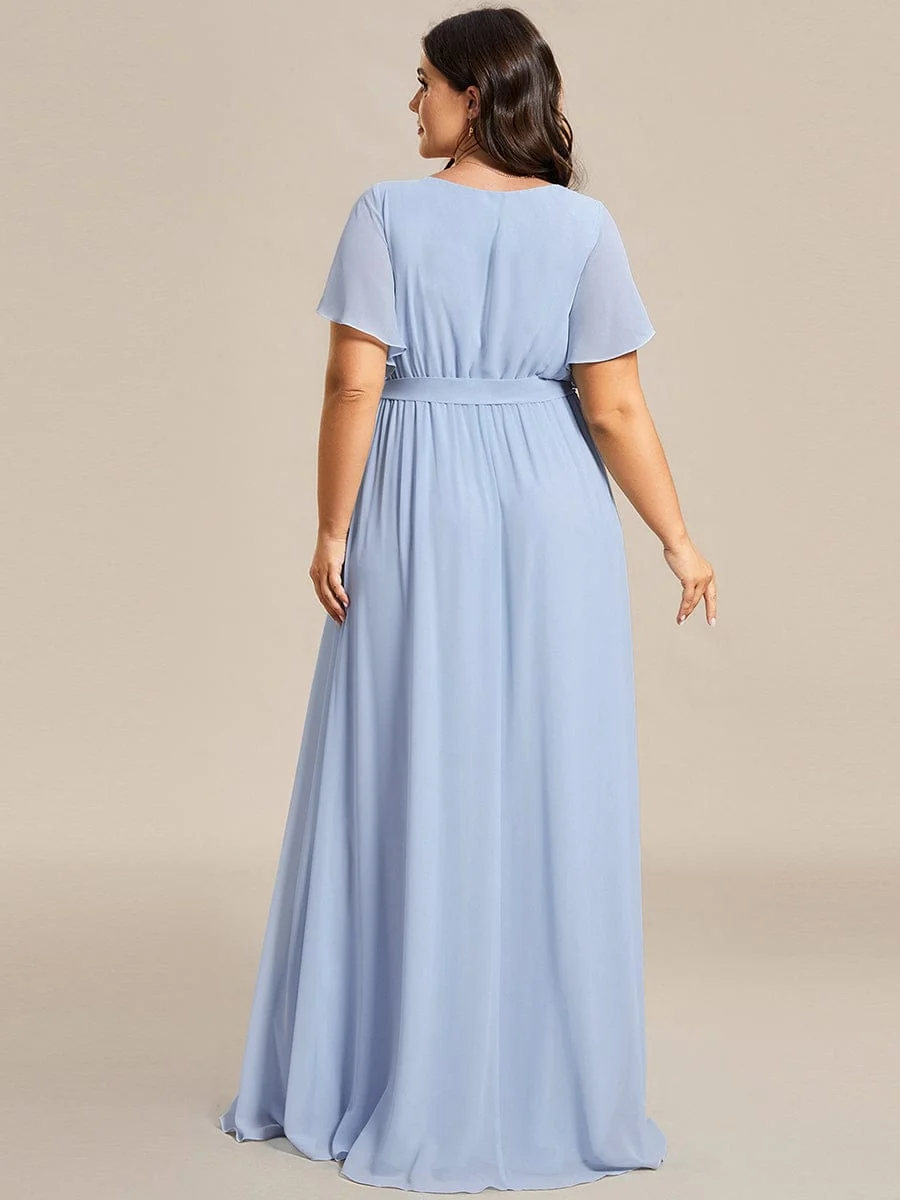 Abendkleid Damen Maxi A-Linie aus Chiffon | Festliches Kleid f��r Hochzeitsg?ste mit V-Ausschnitt und Fl��gel?rmeln