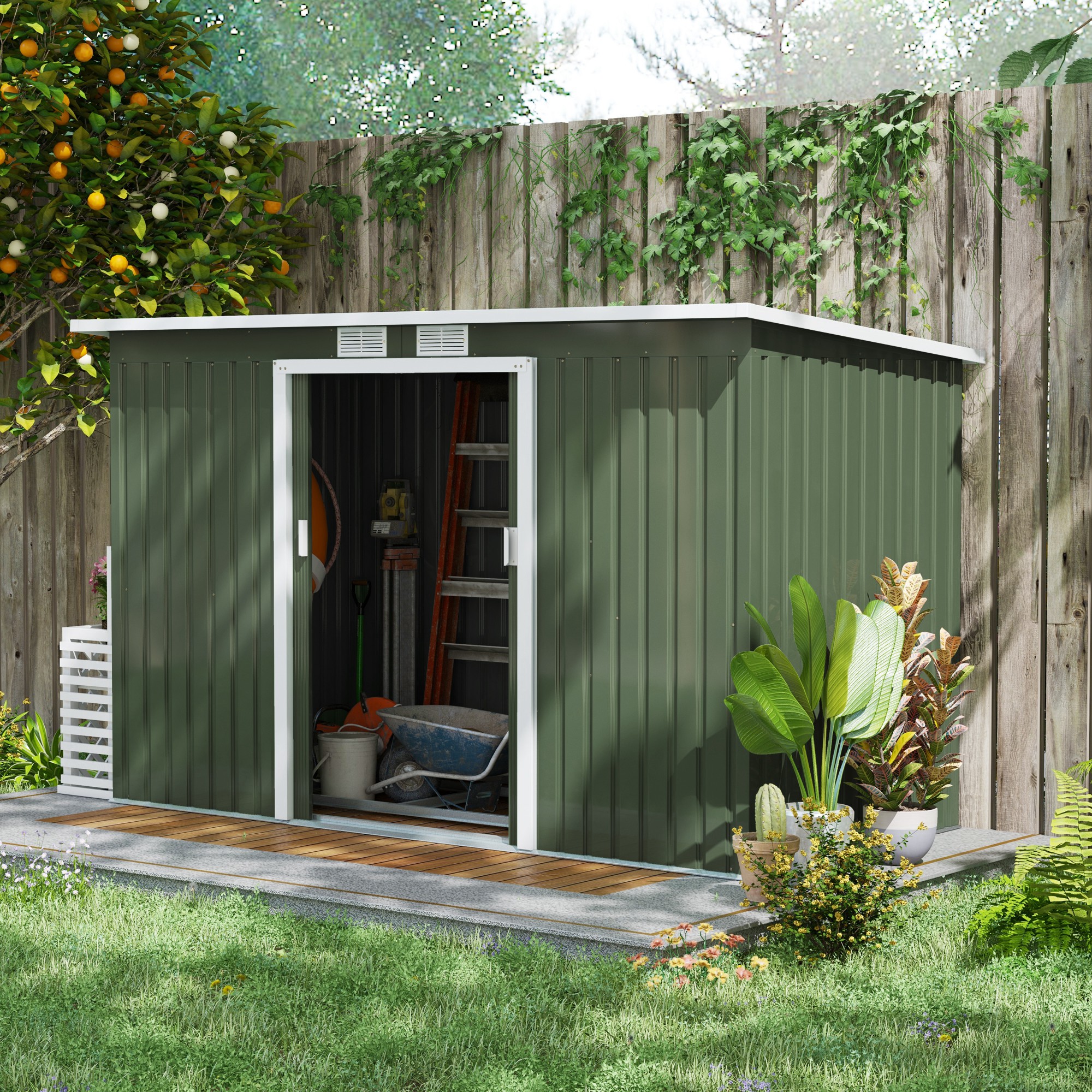 Outsunny Tuinhuis tuinhuisje met schuifdeur raam buiten staal lichtgroen