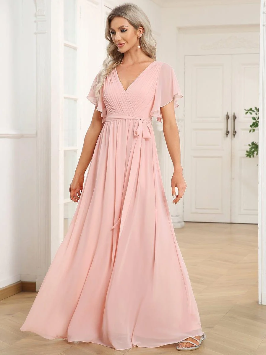 Abendkleid Damen Maxi A-Linie aus Chiffon | Festliches Kleid f��r Hochzeitsg?ste mit V-Ausschnitt und Fl��gel?rmeln