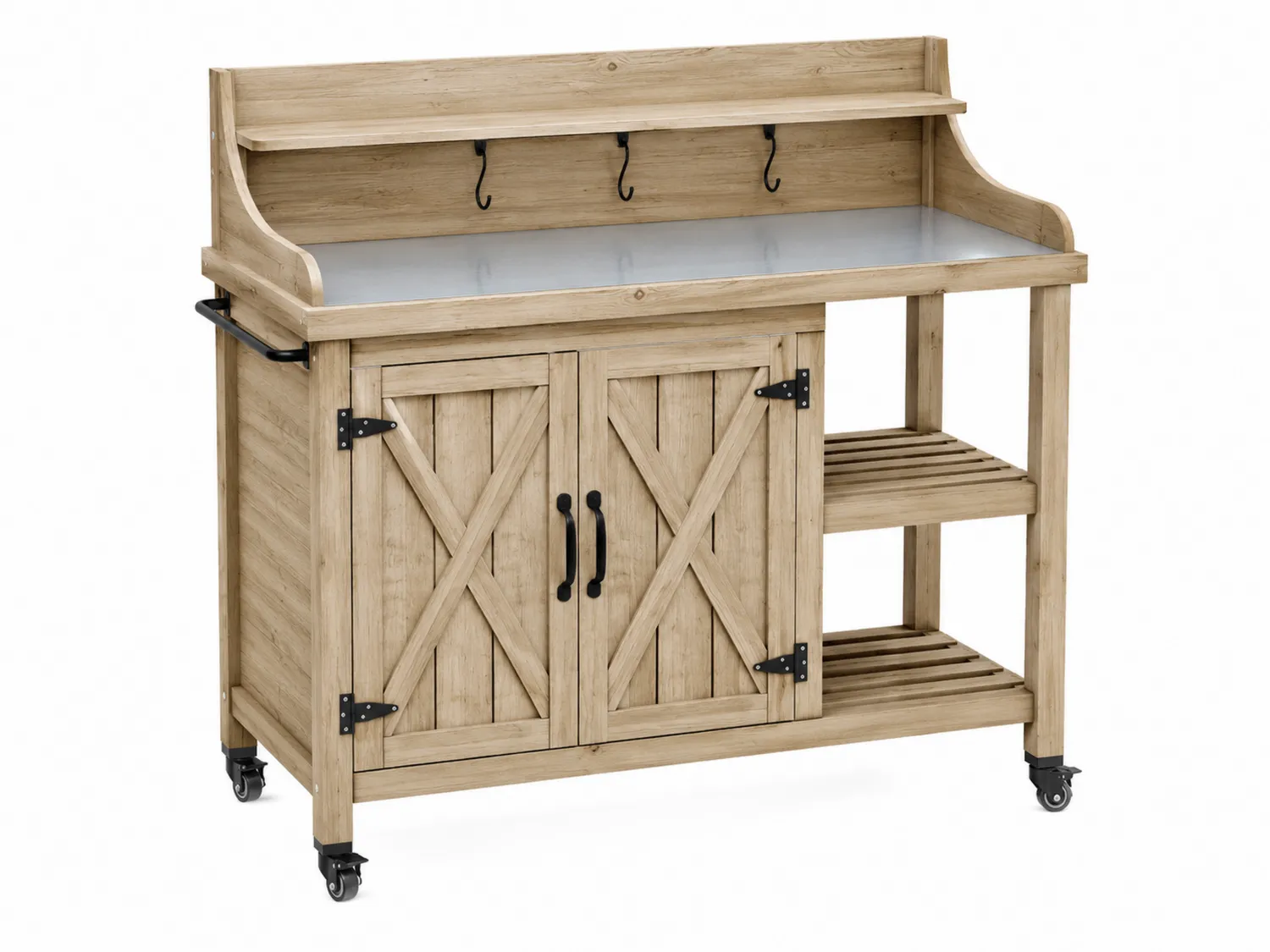 Gartentisch aus Holz mit Edelstahlplatte und Rollen