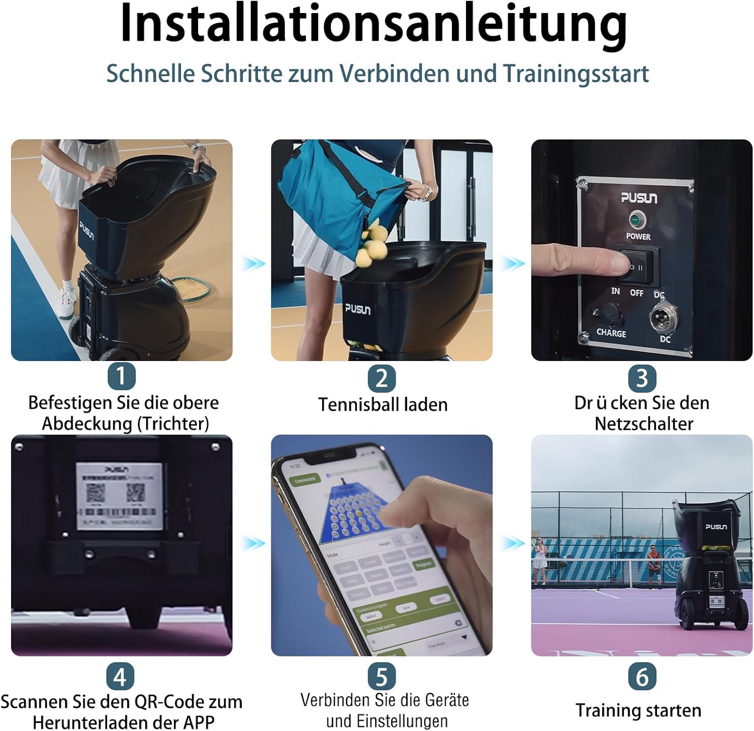 PT-SMART Tennisballmaschine - Profi Ballwerfer mit APP-Steuerung (App für Watch), 20 Landepunkte & 12 Modi, Smart Tennis Trainer für alle Spielniveaus (4-6 Std. Laufzeit)