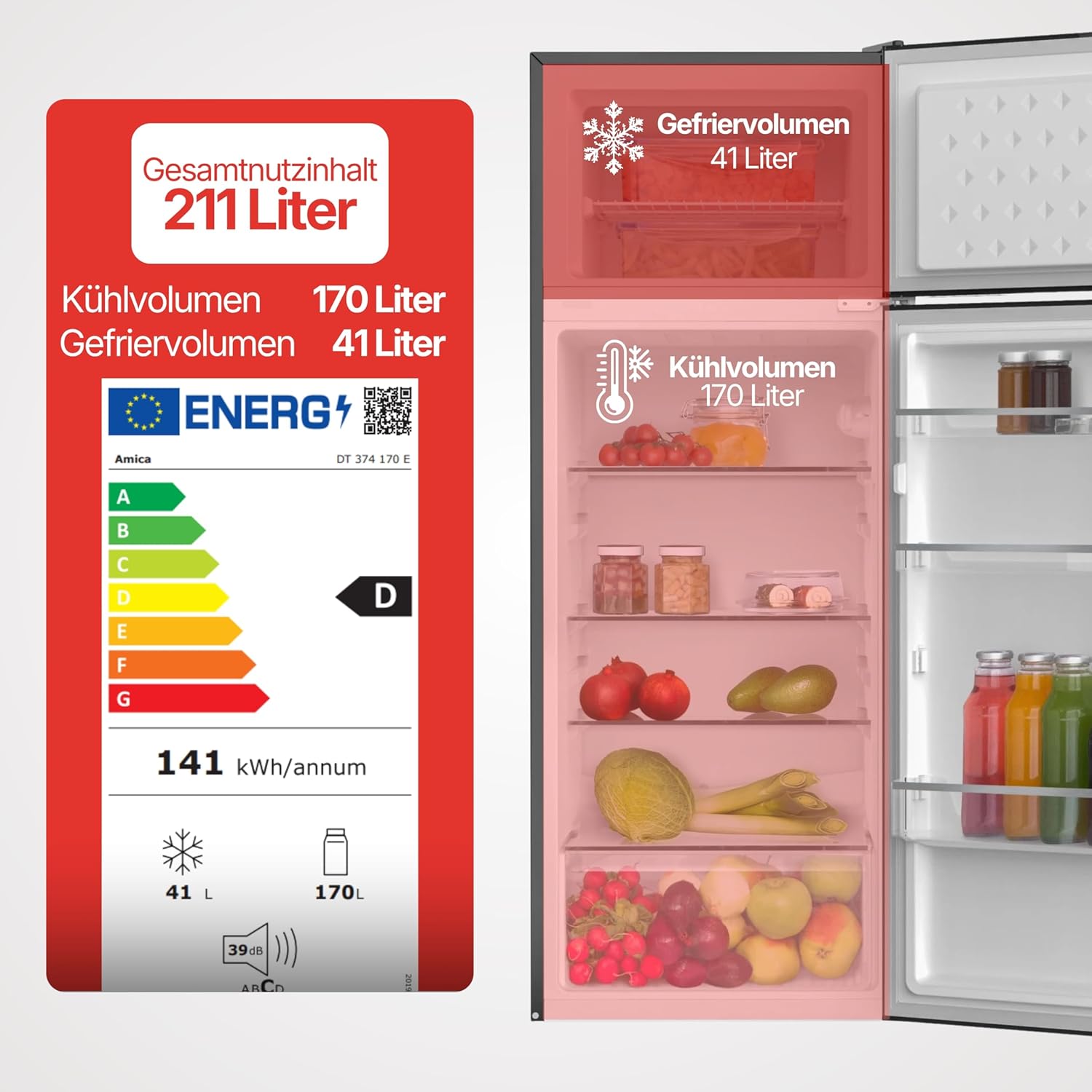 Amica Kühl‑Gefrierkombination freistehend 211 l FrostControl LED Beleuchtung 142,8 x 54 x 55,1 cm – Kühl Gefrierkombination Silber