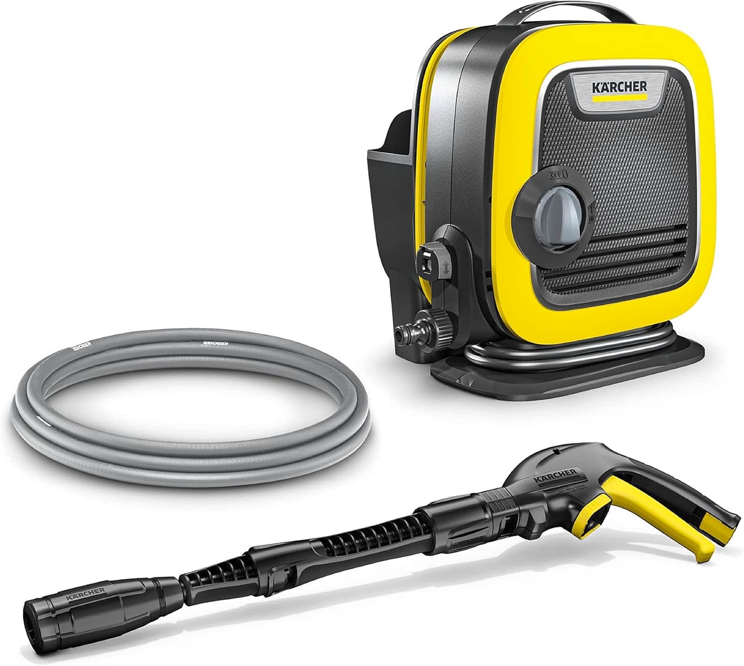 Krcher Hochdruckreiniger K Mini, leicht und kompakt, Druck: max. 110 bar, Durchfluss: 360 l/h, Flche: 20 m/h, Gewicht: 3,93 kg, Hochdruckpistole, Dreckfrser, Strahlrohr, Wasserfilter,Schwarz, Gelb