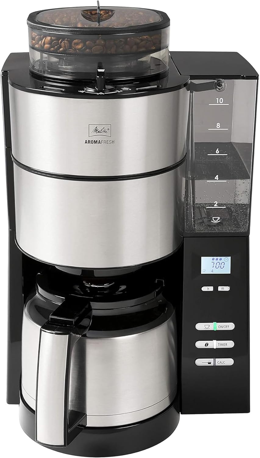 Melitta AromaFresh - Filterkaffeemaschine - mit Glaskanne - integriertes Mahlwerk - Timer Funktion - 10 Tassen - Pure Black