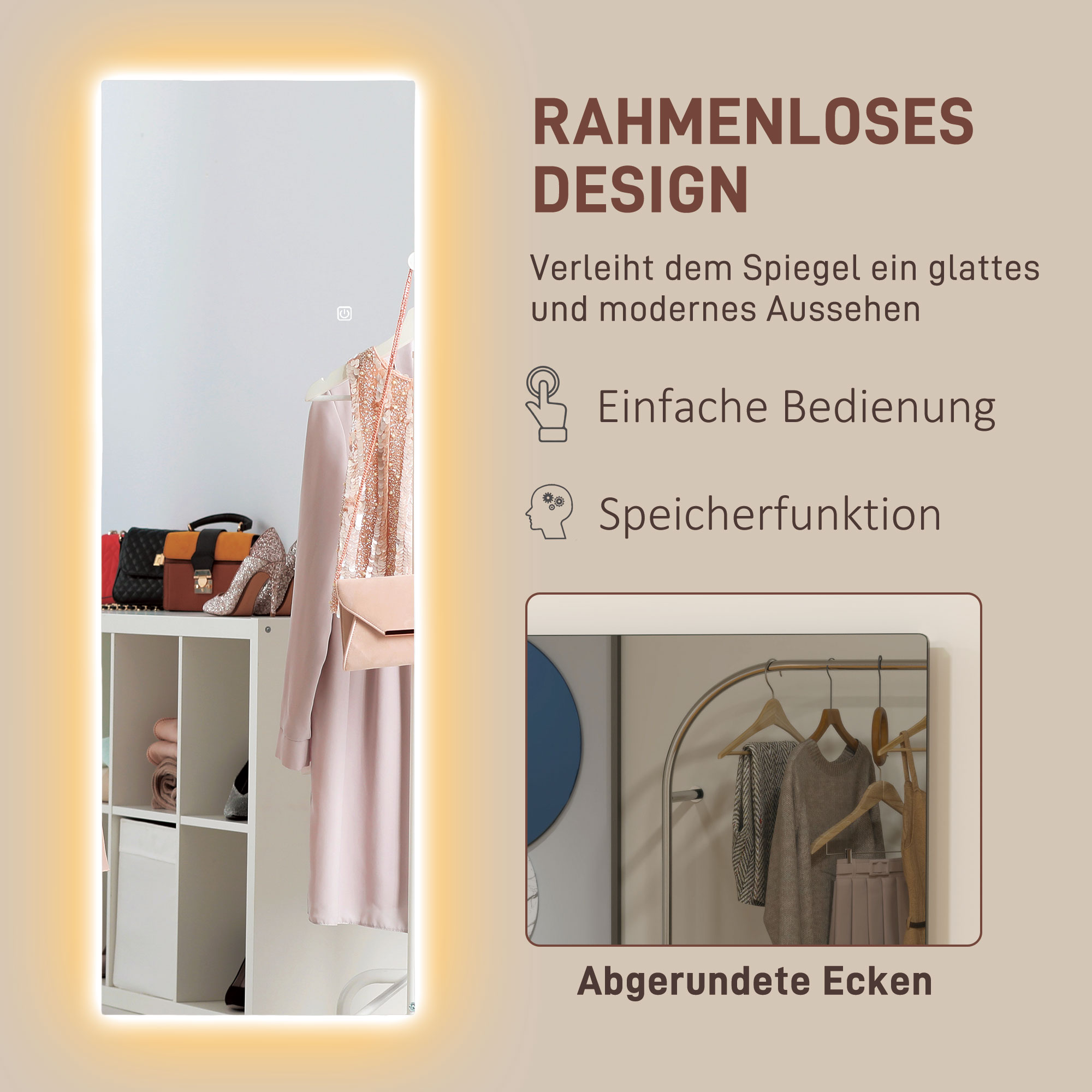 LED Volledige lichaamsspiegel, dimbaar, randloos, Touch-bediening, 40 x 120 cm