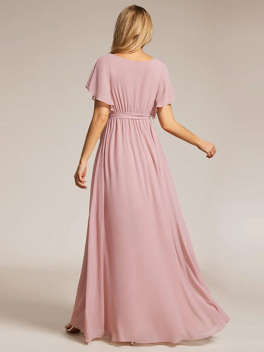 Abendkleid Damen Maxi A-Linie aus Chiffon | Festliches Kleid f��r Hochzeitsg?ste mit V-Ausschnitt und Fl��gel?rmeln
