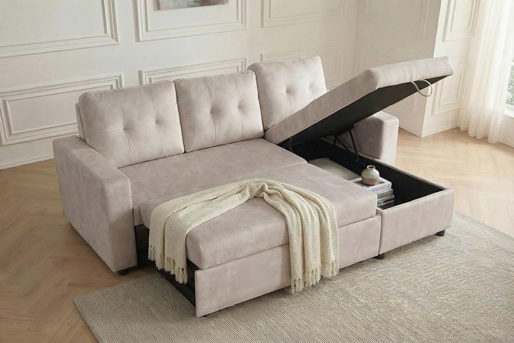 Riess Ambiente Ecksofa Apartment - 205cm - beige, 3-Sitzer mit Bettfunktion und Stauraum, beidseitig montierbar