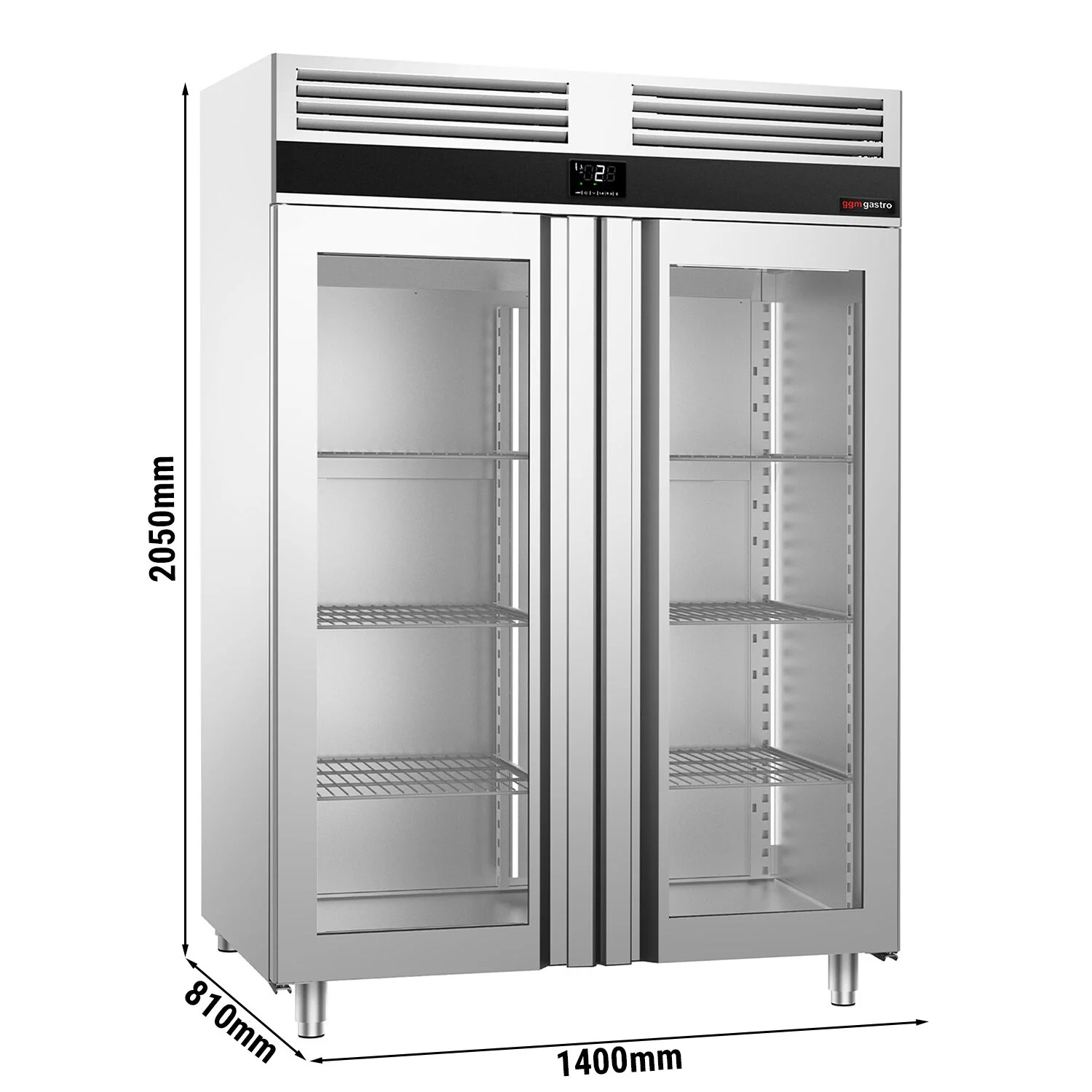 Kjøleskap i rustfritt stål PREMIUM - GN 2/1 - 1 400 l - til +2 °C til +8 °C - med 2 glassdører - Ventilert kjøling, LED-belysning, R290