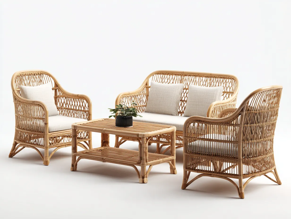 Garten Lounge Set-Rattan-Holz-154 x 80 x 86 cm-Natur-Beige-Boho Gartenstil