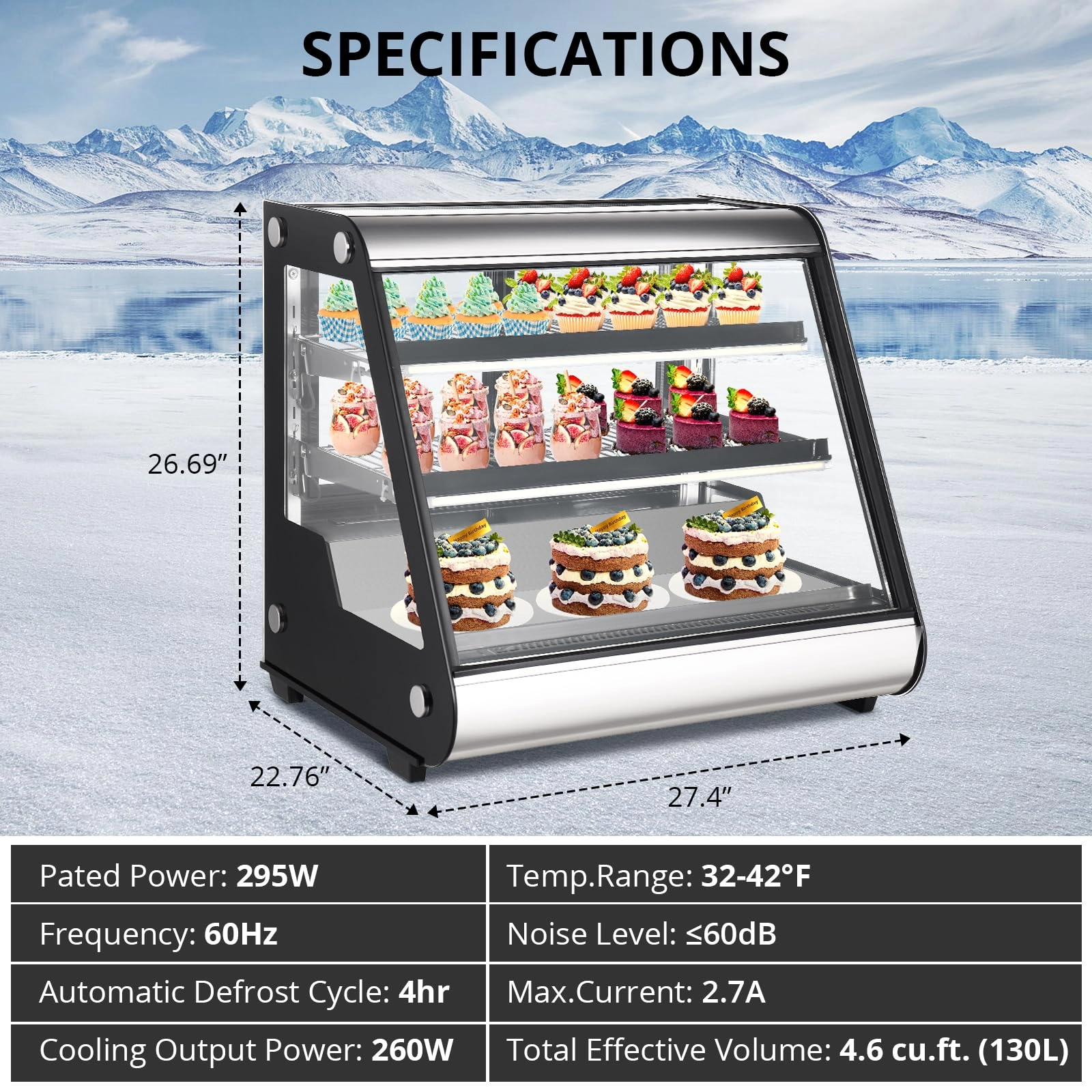2025 Commercial Refrigerator Display Case 130L (4.6 Cu.FT) – Auto Defrost, Tempered Glass + LED Lighting, Countertop Commercial Use