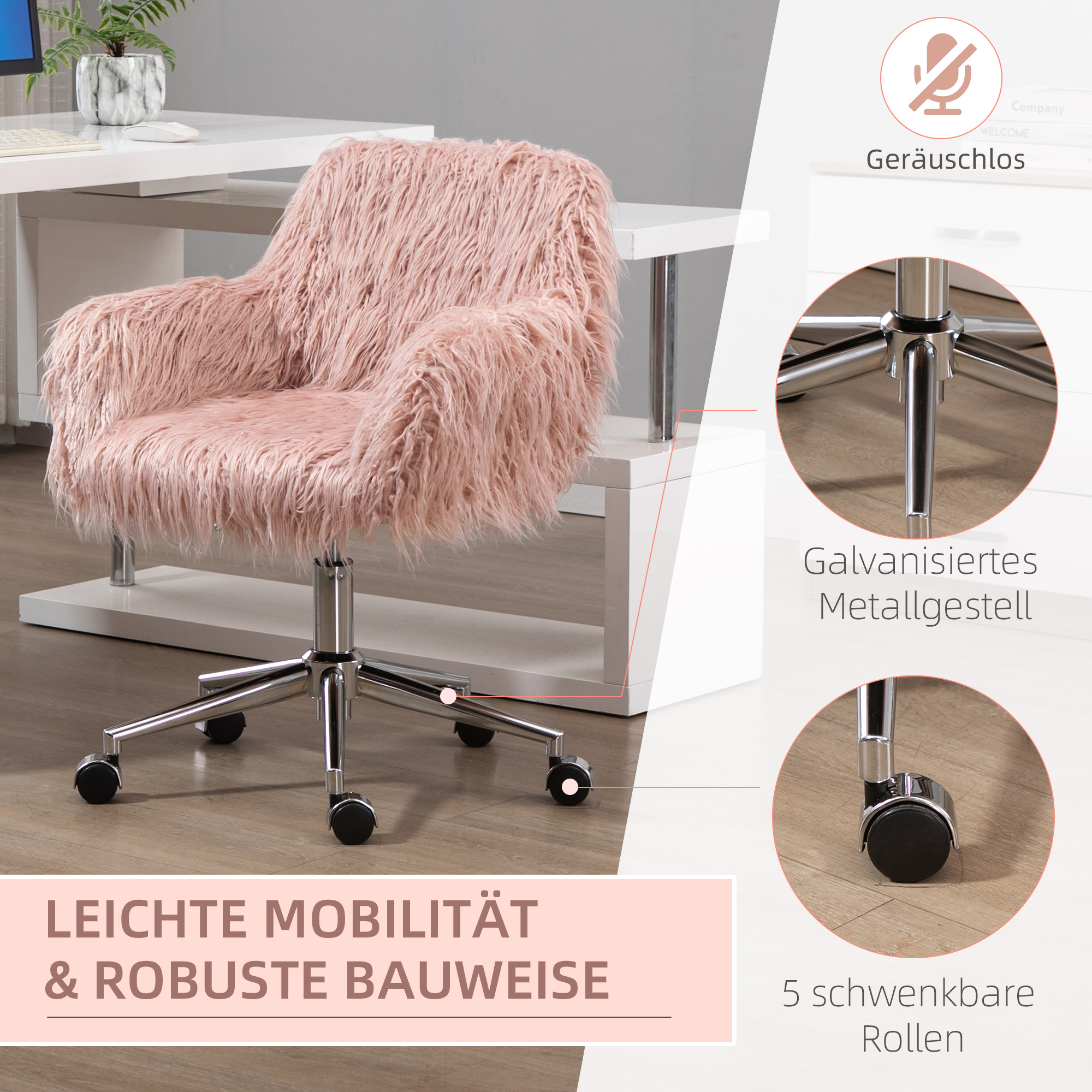 Vinsetto Chefstoel, Schminkstoel met kunstbontzitting en hoogteverstelling, Roze, 57x60x75-85 cm