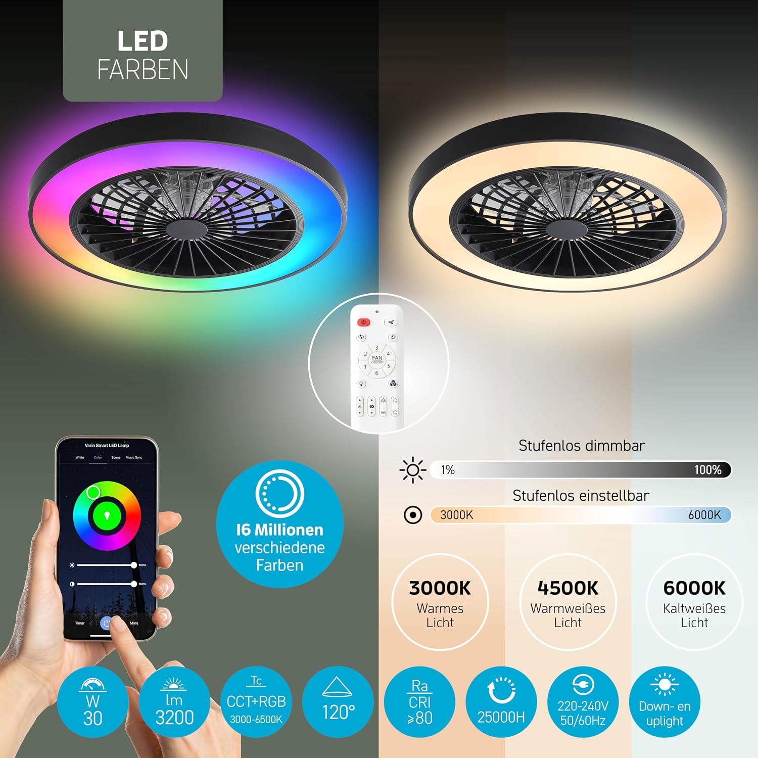 Varin® Smart Deckenventilator mit Beleuchtung, Deckenlampe mit Ventilator Schlafzimmer, Tuya WLAN, LED 30W RGBW, Ø 50 cm, Ventilator Leise, Fernbedienung, 3000K bis 6000K, Schwarz-Schwarz