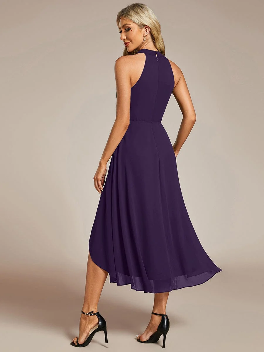 Damen Chiffon Midi-Kleid in A-Linie | Festliches Halterneck Kleid mit Plissee-Details | Sommerliches Kleid f��r Hochzeitsg?ste