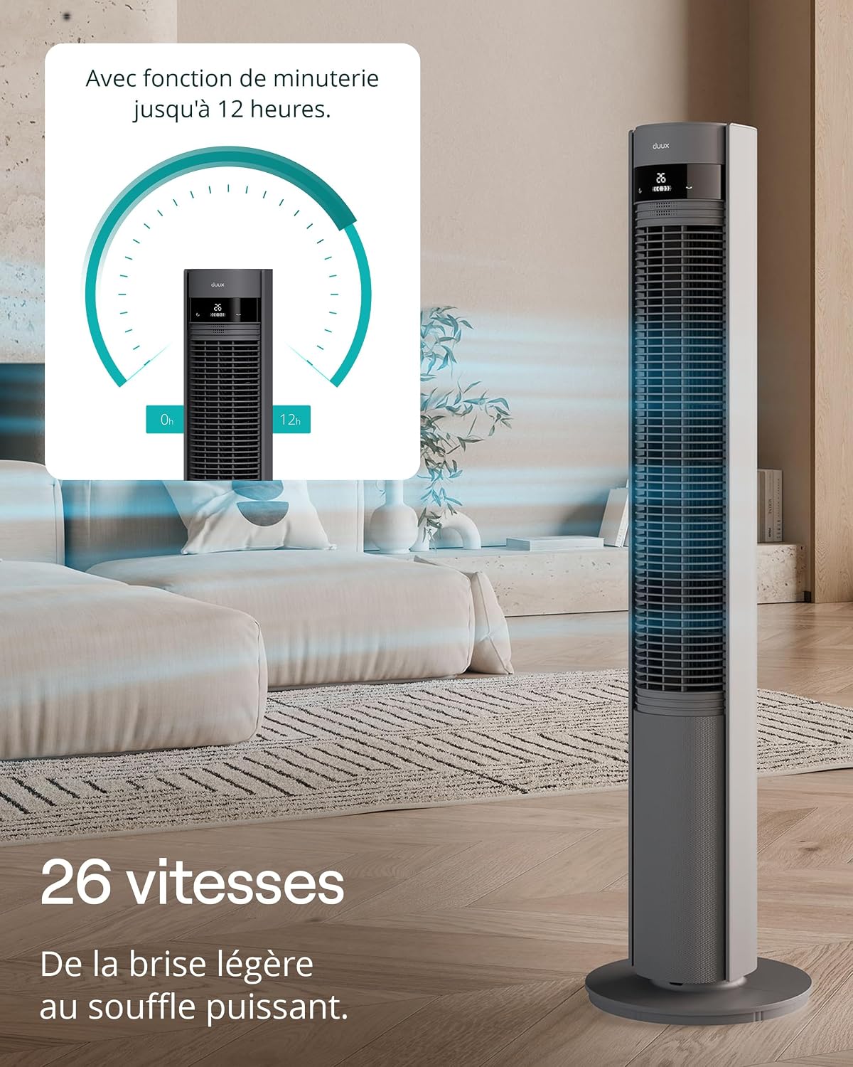 Duux Elevate Smart Ventilateur Tour - 26 Vitesses, 80° Oscillation, Seulement 25dB, Ionisateur, Minuterie (1–12h), Mode Sommeil, Tactile & Télécommande - Ventilateur Silencieux pour Chambre/Bureau