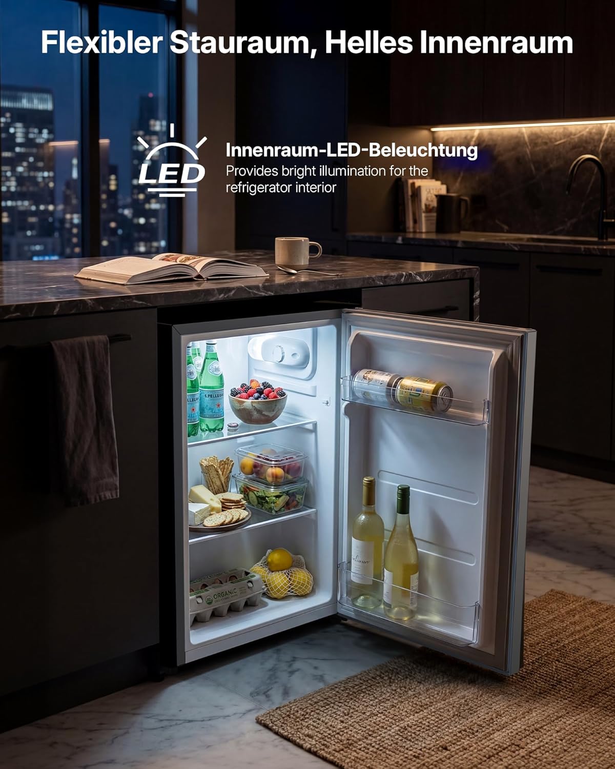 Upstreman 71L Kühlschrank Ohne Gefrierfach, 1-10°C 7-stufige Temperaturregelung, LED-Beleuchtung,40 dB Leise, Energiesparender Vollraumkühlschrank für Schlafzimmer Büro Küche, CR71-Silber