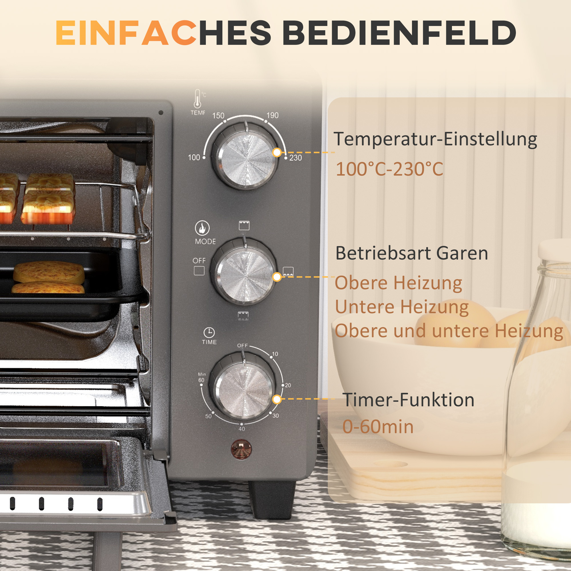 Minibackofen, 21L Toasterofen met 1 Draadrek en 1 Bakplaat, 3 Kookmodi, 100 ��C-230 ��C, Roestvrijstaal, Glas, Grijs