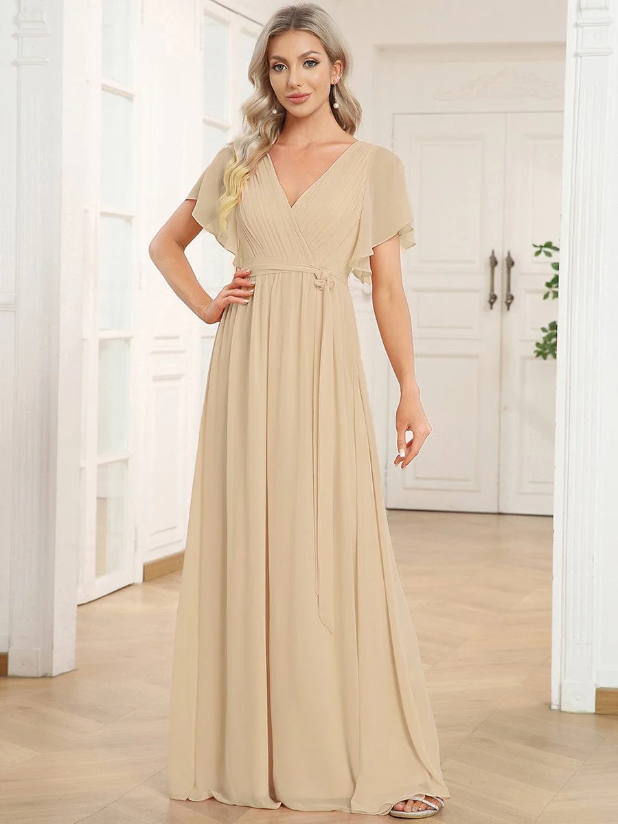 Abendkleid Damen Maxi A-Linie aus Chiffon | Festliches Kleid f��r Hochzeitsg?ste mit V-Ausschnitt und Fl��gel?rmeln