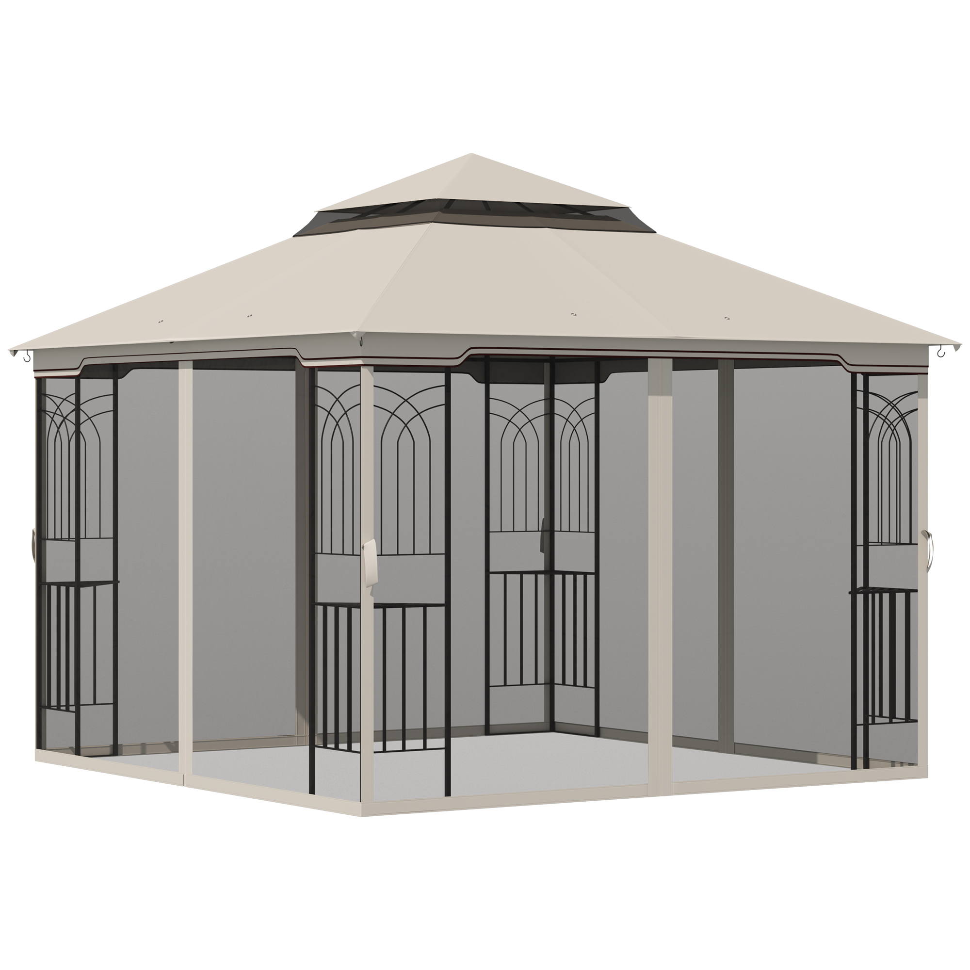 tuinprieel met dubbel dak tuinprieel partytent met 4 x zijwand metaal+polyester beige 2,99 x 2,99 x 2,74 m