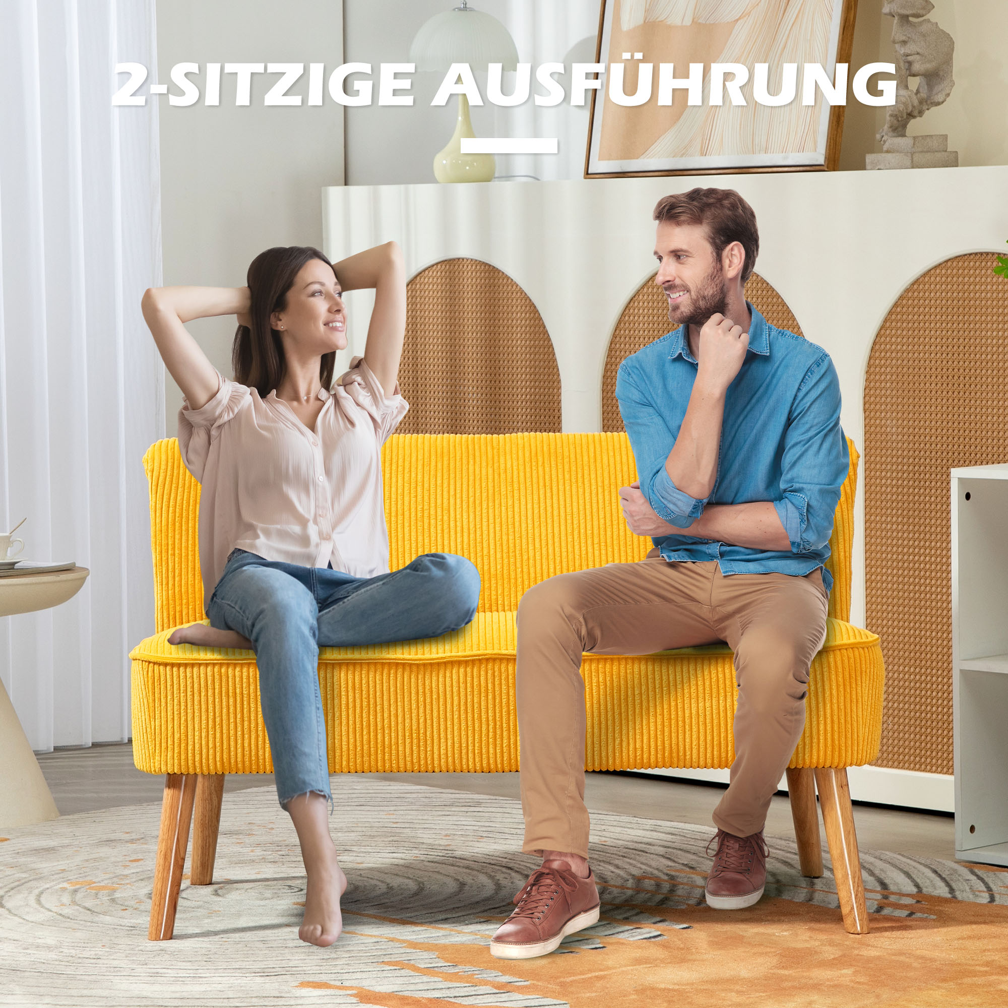 Tweezitsbank in elegant Scandinavisch ontwerp, stevig houten frame, tot 150 kg, 117 x 56,5 x 77 cm, Geel