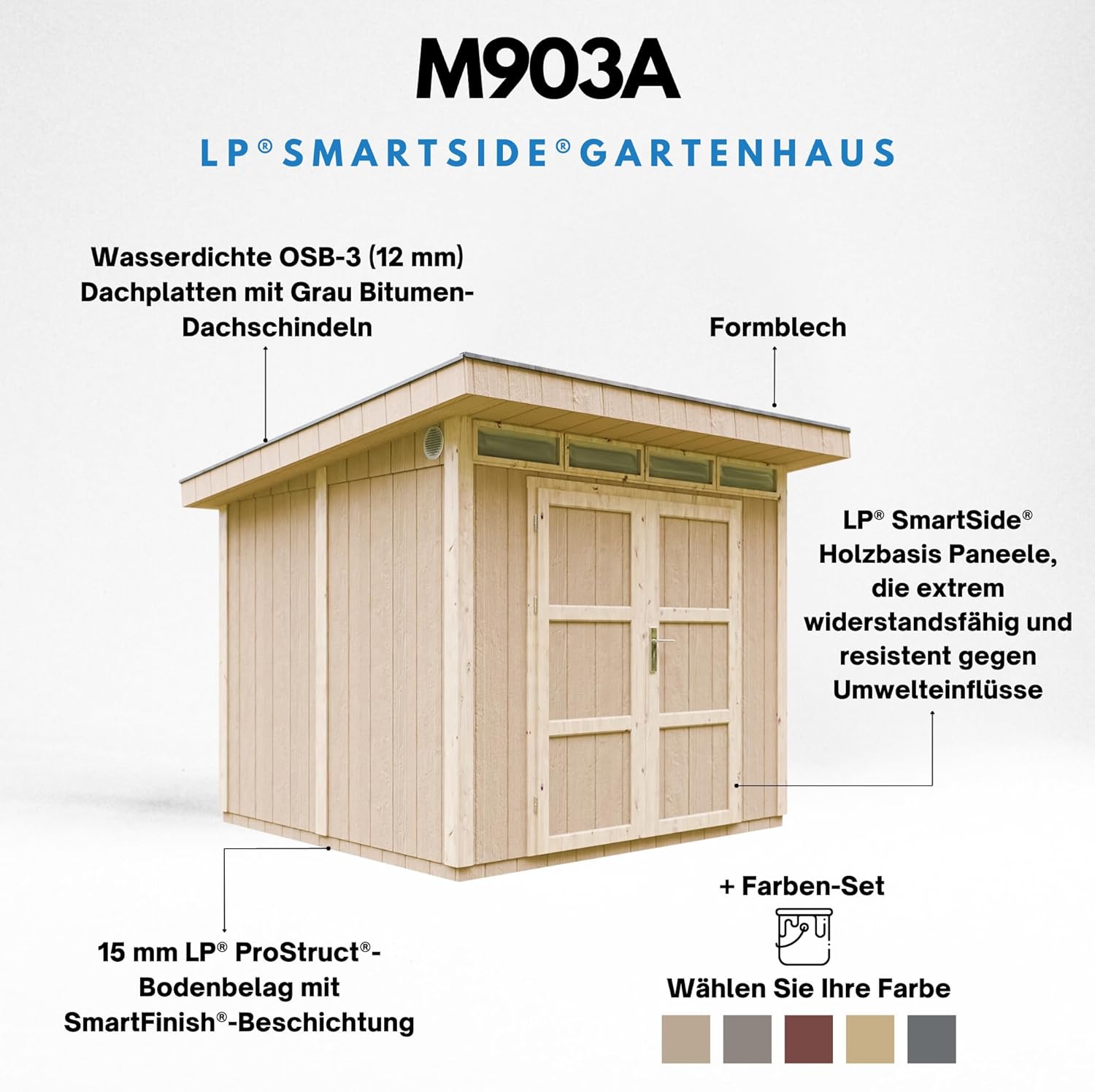Gartenhaus Premium Qualität 5,9m² - L279xW293cm- All-Inclusive-Set mit Boden, Bitumen-Dachziegeln, Farbset- Hochwertiger Geräteschuppen aus Holzwerkstoffplatten LP Smartside - M903A Redwood RED