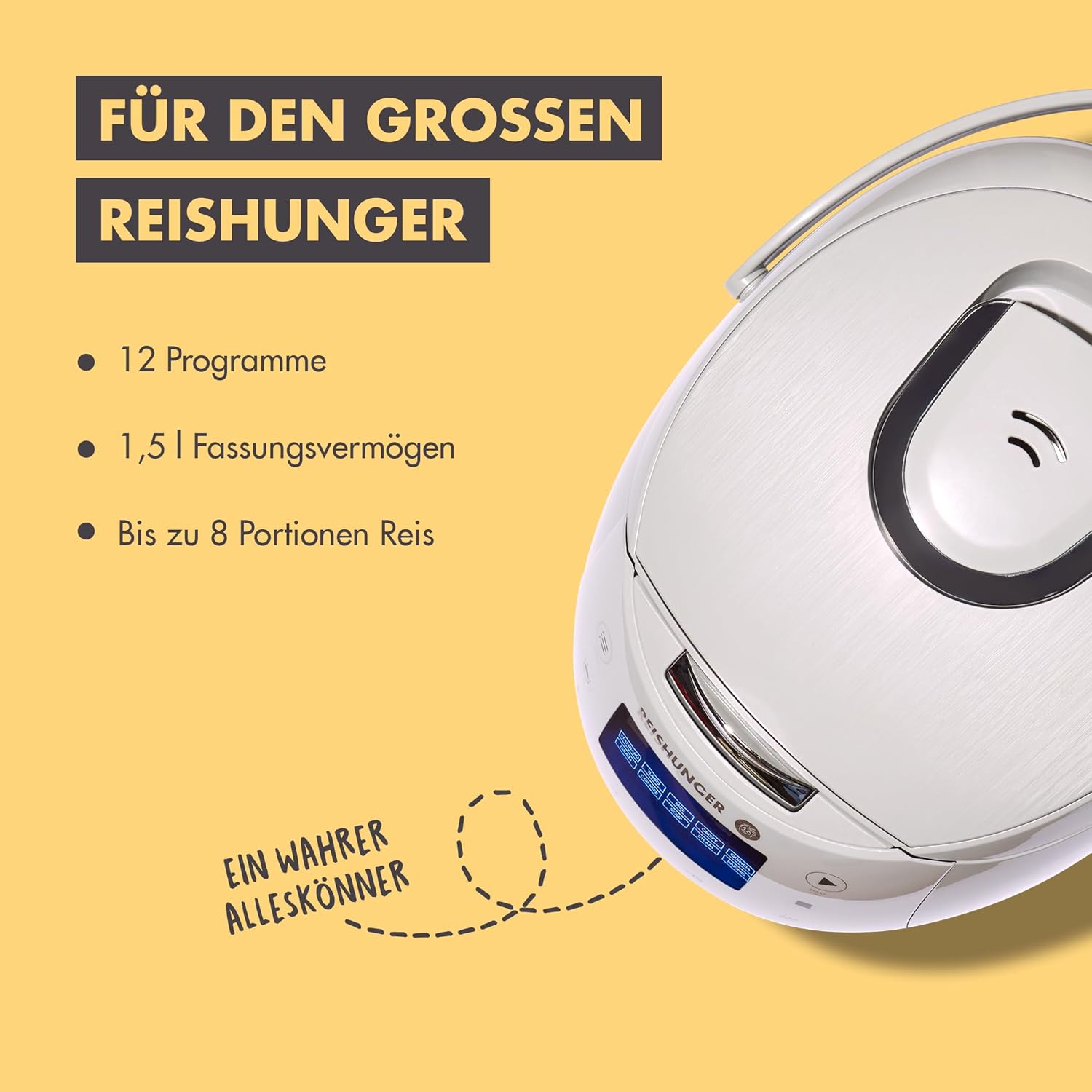 REISHUNGER Digitaler Reiskocher & Dampfgarer Schwarz | 1,5 L bis 8 Personen | Warmhaltefunktion, Timer & Premium Innentopf | Multikocher, 12 Programme, 7-Phasen-Technologie
