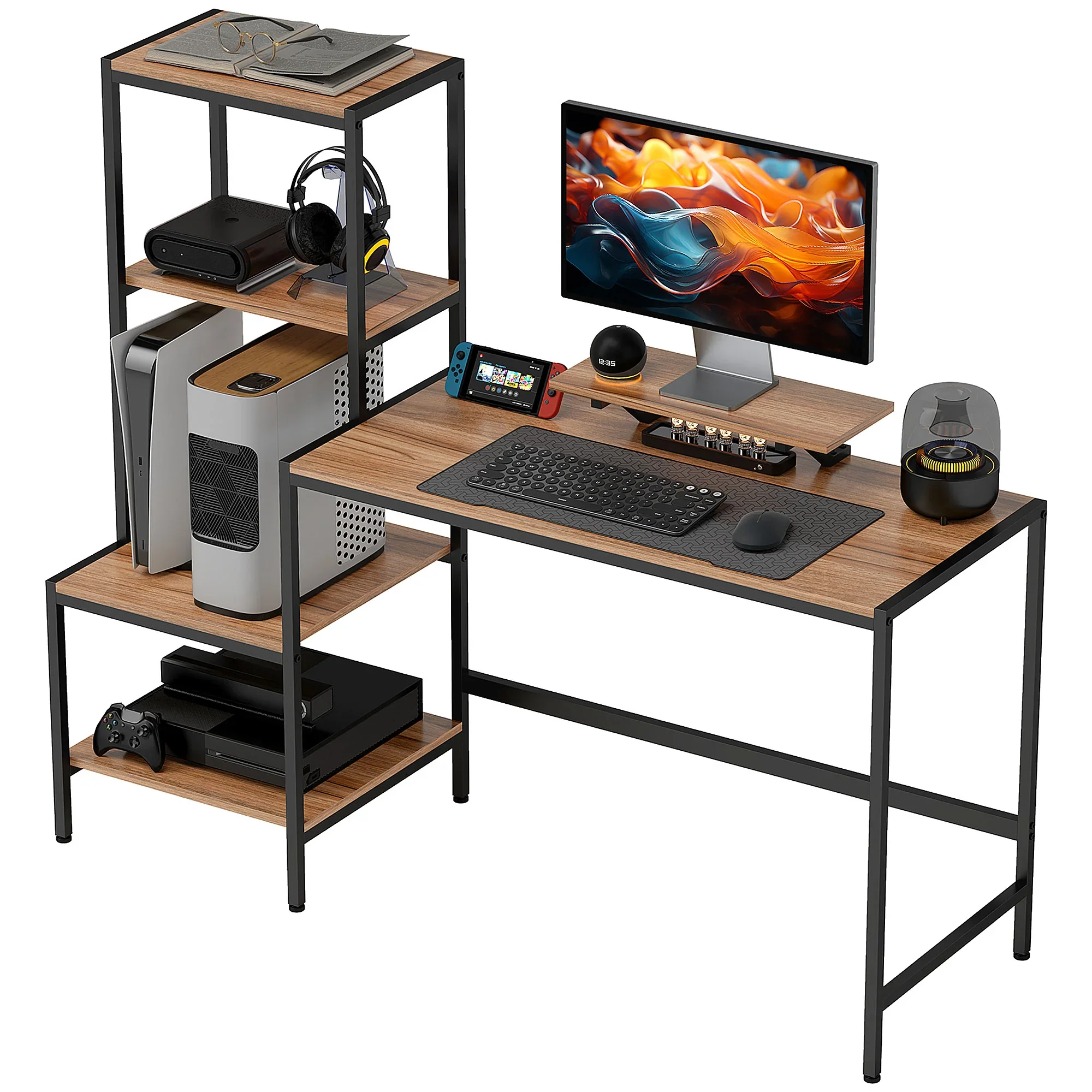 HOMCOM Computertafel met monitorstandaard & 4 schappen �C 150 �� 48 �� 125 cm