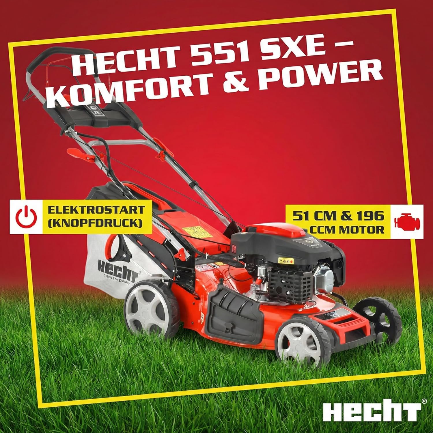HECHT 5-IN-1 Benzin Rasenmäher - leistungsstarker 4 Takt Motor 4,0 kW (5,5 PS) - Elektrostart - 51 cm Schnittbreite - 65 l Fangkorb - Radantrieb - patentierte Räder - Mulchmäher Rasenmäher