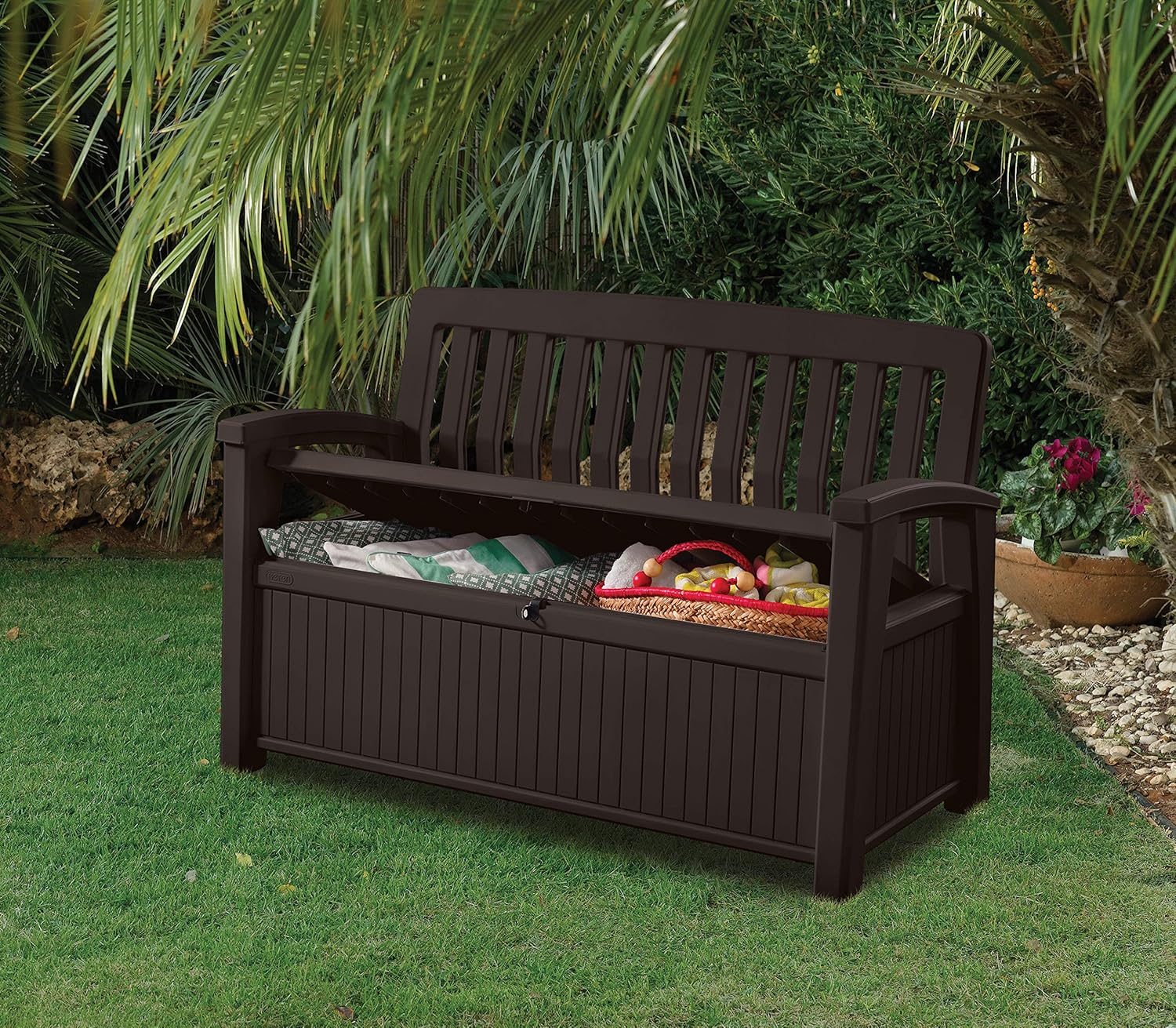 Keter Kissenbox, regenfest, Gartenkissenbox Patio Bank, Espresso braun, 138,6 x 63,5 x 88 cm, 227 L, Kissenbox wetterfest