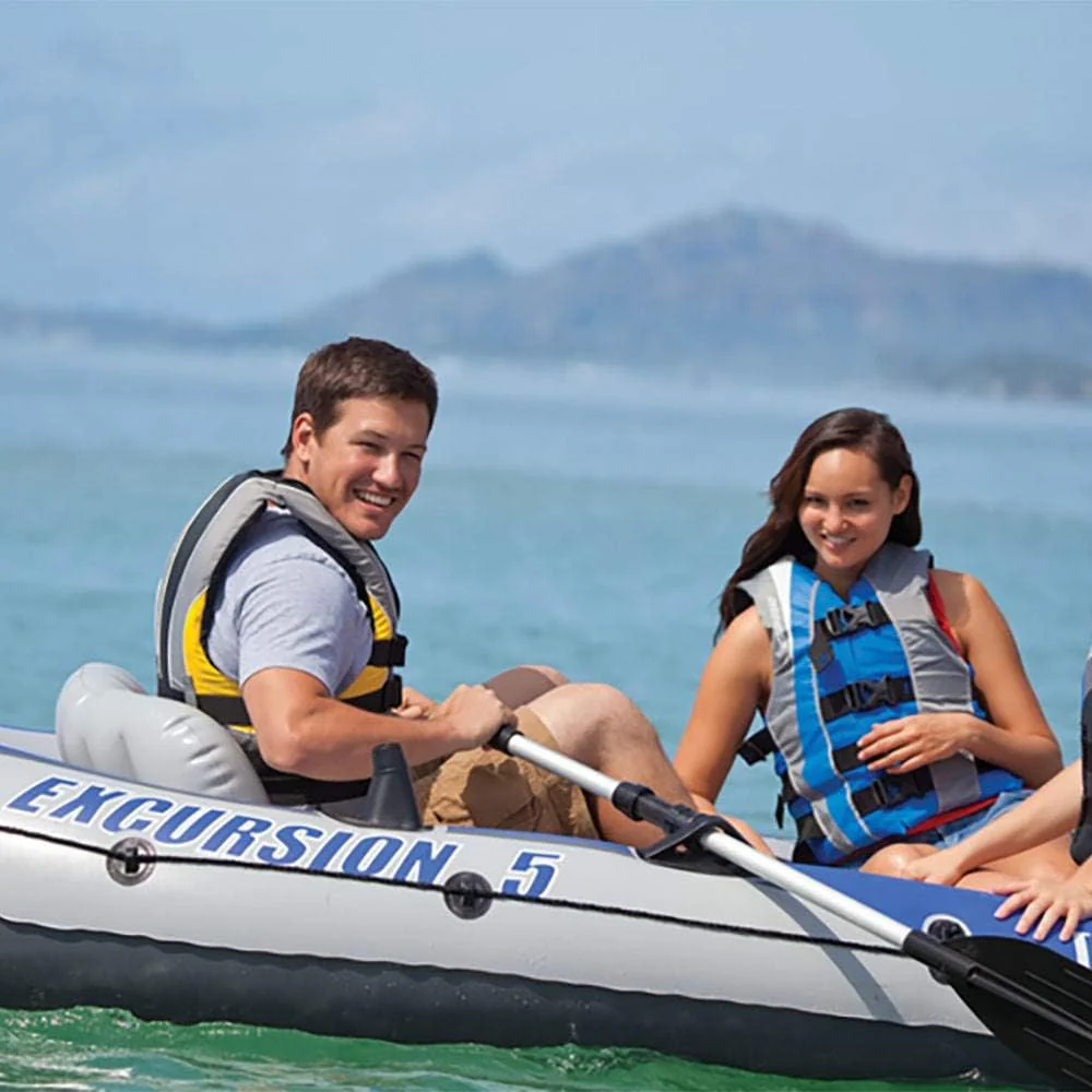 INTEX Excursion Inflatable Boat Series: Includes Deluxe 54in Boat Oars and High-Output Pump ?C SuperTough PVC ?C Adjustable Seats with Backrest ?C Fishing Rod Holders ?C Welded Oar Locks