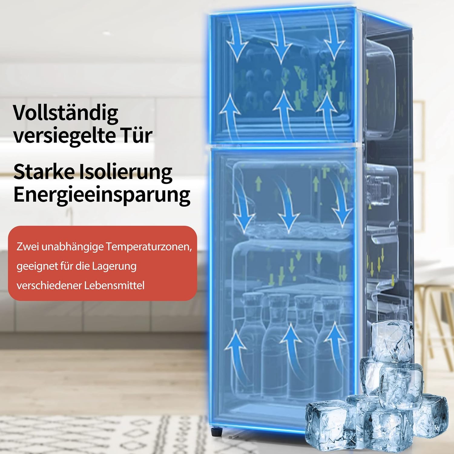 Merax Kühlschrank mit Gefrierfach, Kühl-Gefrierkombination, klein Kühlschrank mit 51L und Gefrierschrank 21L, Leise, LED, Glasablagen, Gemüsefach, Türablagen, für Küche, Wohnzimmer, Büro, Schwarz