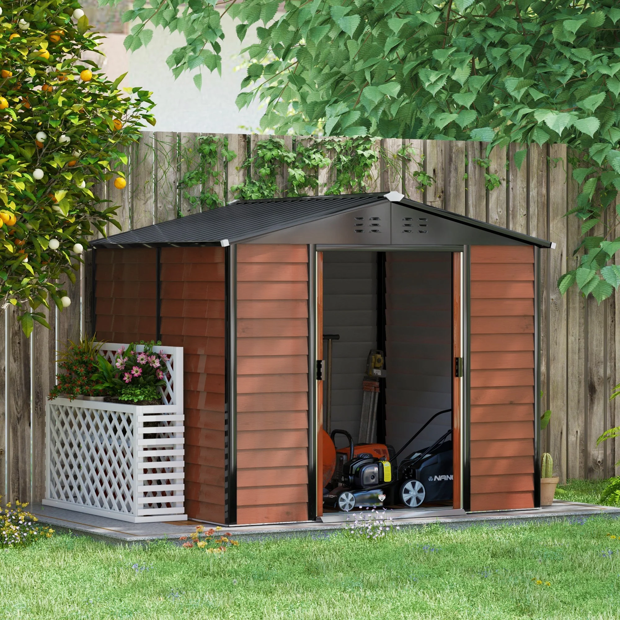 Outsunny Metalen Tuinschuur, Weerbestendig & Roestvrij, Afsluitbaar, 2,40 x 2,06 x 1,98 m, Teak