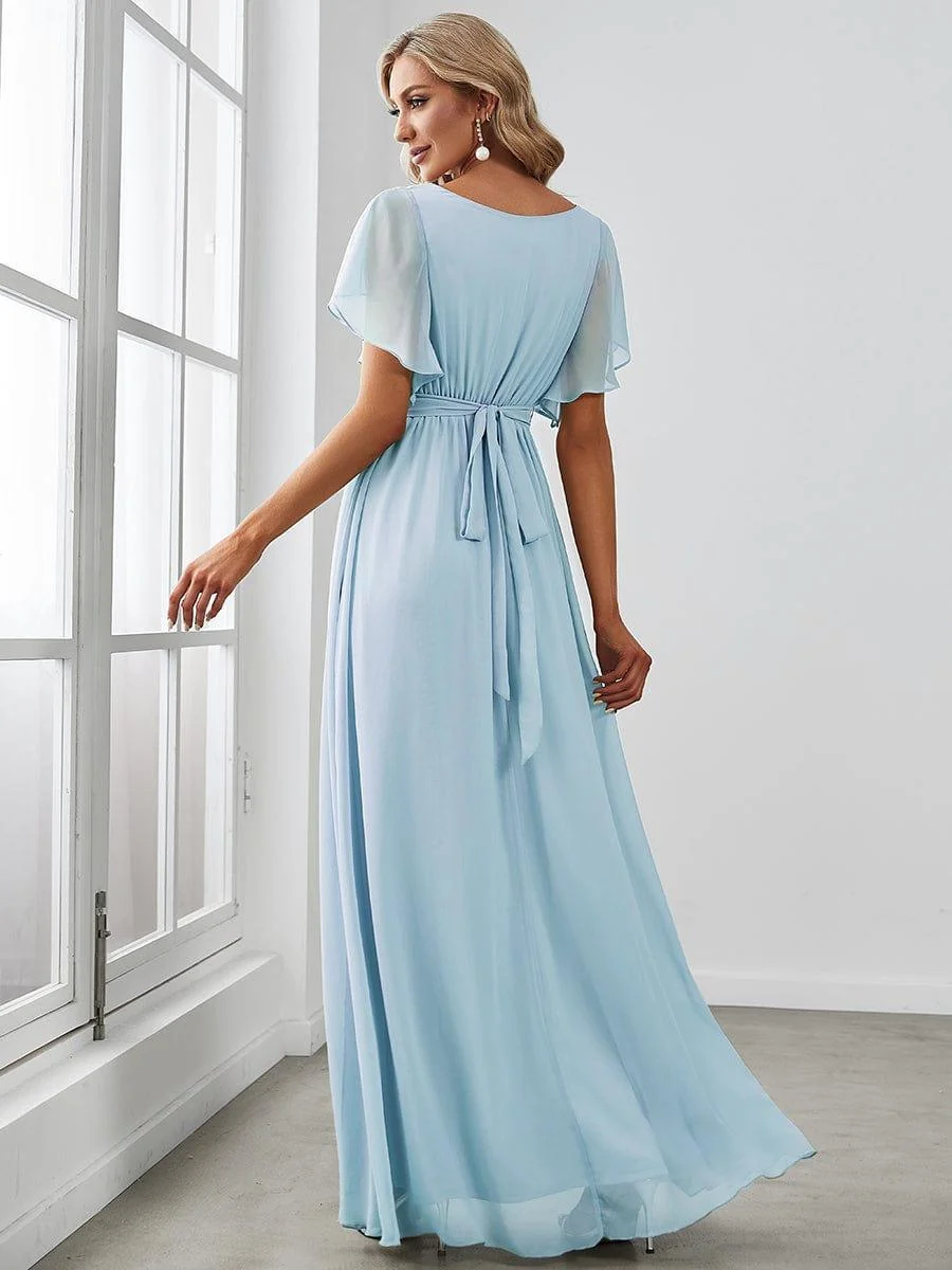 Abendkleid Damen Maxi A-Linie aus Chiffon | Festliches Kleid f��r Hochzeitsg?ste mit V-Ausschnitt und Fl��gel?rmeln