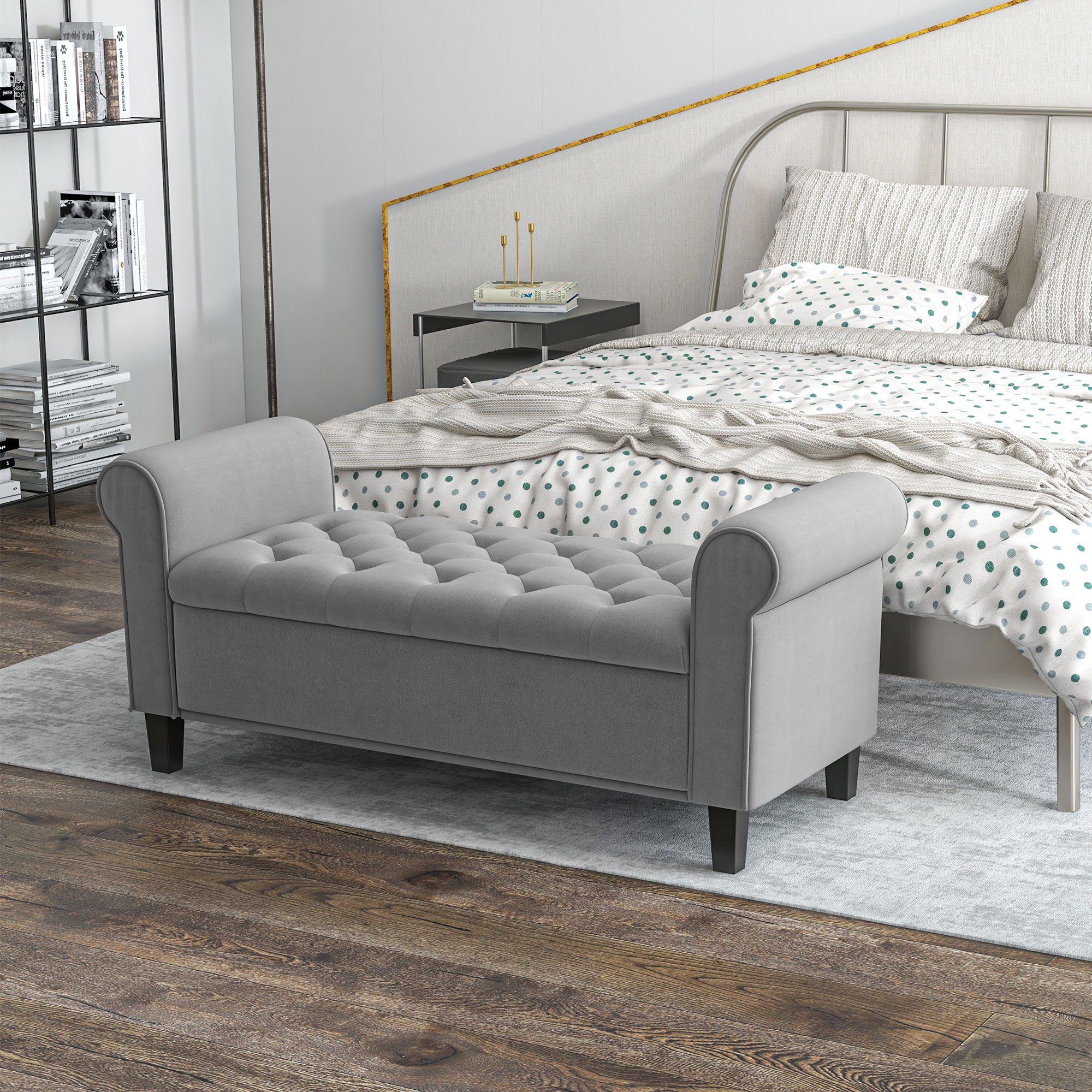 Zitbank Polsterbank Bedbank, Knoopstiksel, Fluweelachtige Afwerking, 126 cm x 48,5 cm x 57 cm, Grijs