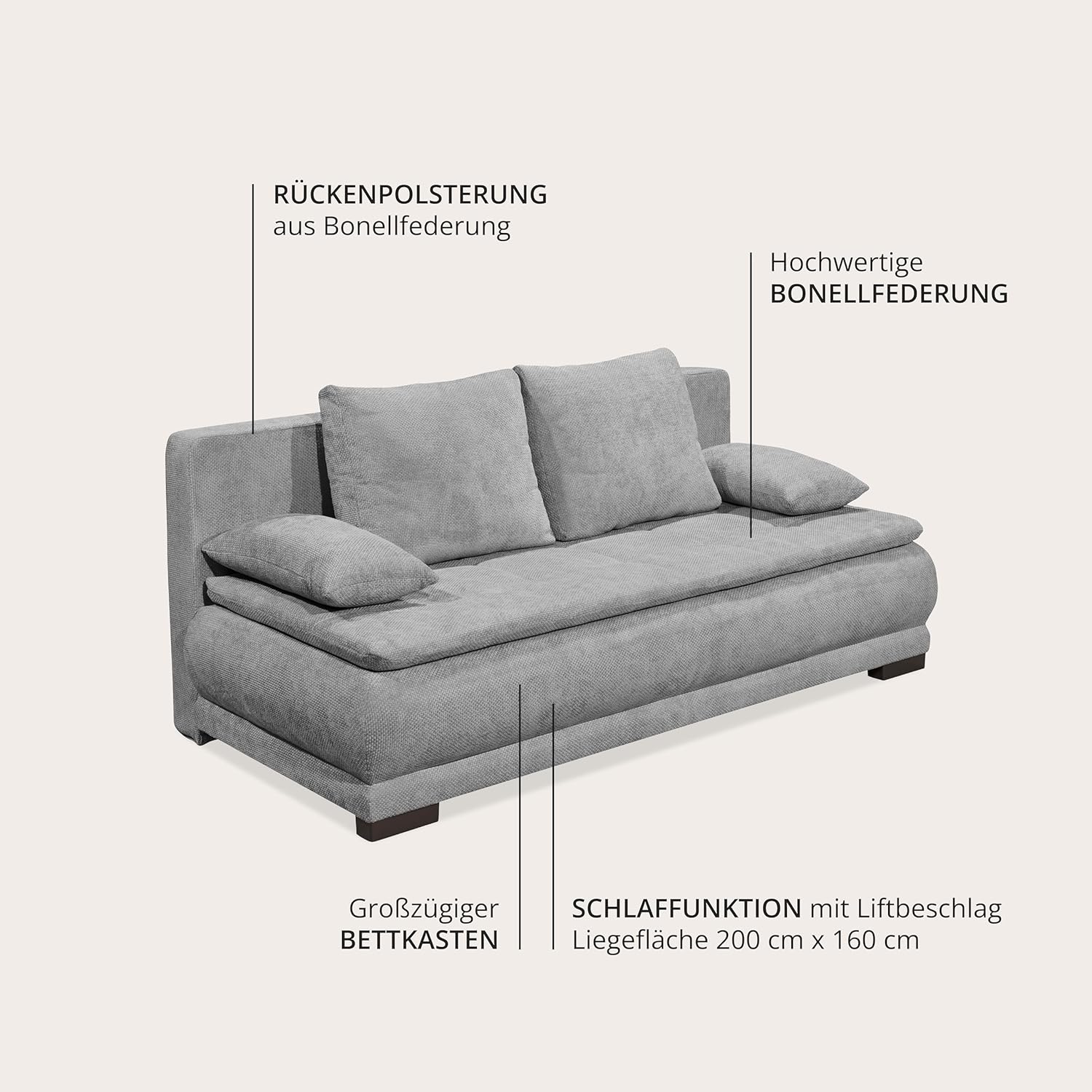 Liam Schlafsofa in grau – Modernes Design mit Bonell-Federkern, Bettkasten & Schlaffunktion für höchsten Komfort im Wohn- und Gästebereich