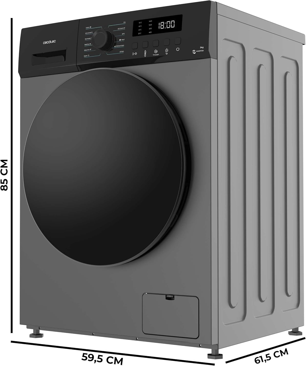 Cecotec Frontlader Waschmaschine 9Kg Bolero DressCode 9155 Inverter Steel. Klasse A-30%, 1400 U/MIN, 12 Programme, Inverter Plus Motor, Energiesparend, Steam Max, Delay Start, LED-Bedienfeld