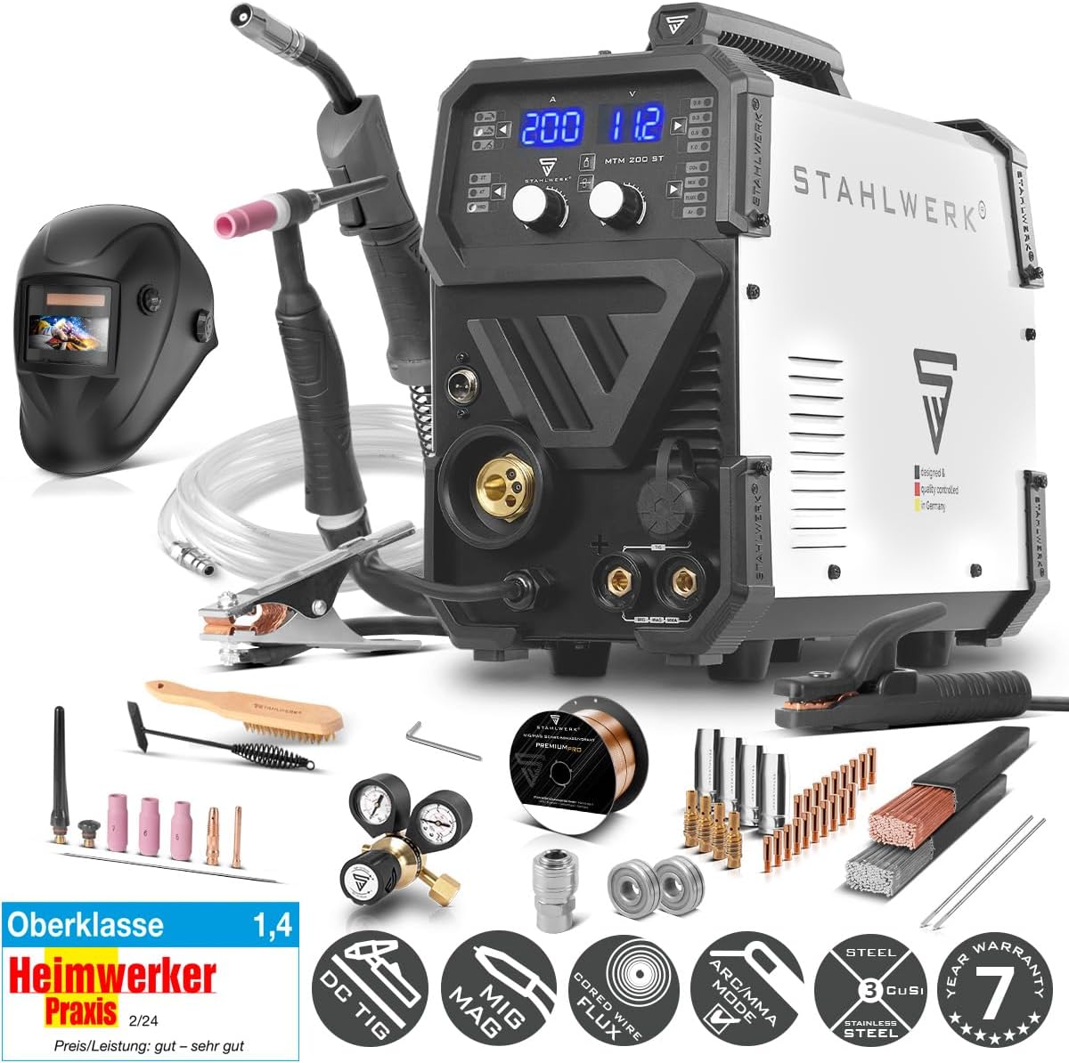 STAHLWERK Schutzgasschweißgerät 3-in-1 Kombi MTM-200 ST – Vollausstattung – WIG, MIG/MAG, MMA/E-Hand bis 200 A, synergischer Drahtvorschub, 4-Rollen-Antrieb, Fülldraht geeignet, Stahl, Dünnblech