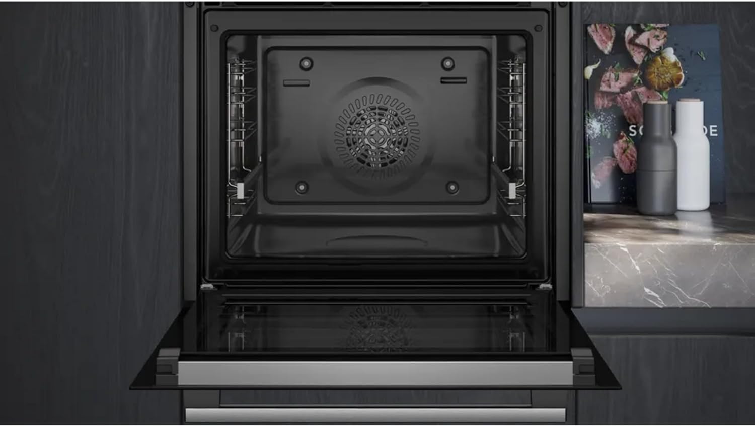Siemens HR578GFS7F, iQ500 Smarter Einbau-Backofen mit Dampfunterstützung, 60 x 60 cm, Pyrolyse Selbstreinigung, Air Fry, Backautomatik, 3D Heißluft, Inklusive Bratenthermometer und Teleskopauszug