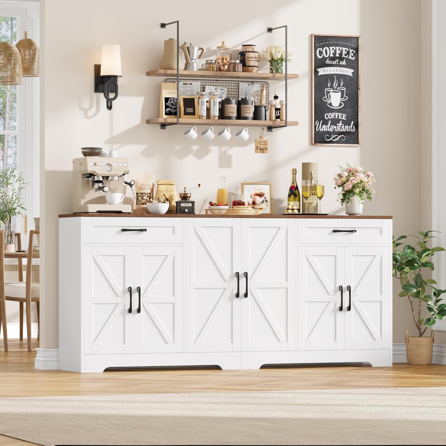 HOCSOK Sideboard, 180cm Breit Küchenschrank mit Arbeitsplatte, Sideboard Küche mit 6 Türen und 2 Schubladen, Anrichte Küchenbuffet Buffetschrank mit Verstellbare Regal für Wohnzimmer, 180×87×34 cm