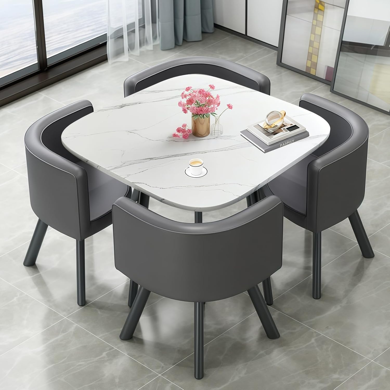 Dining Table Set with 4 Chairs, small Round Dining Table 90 cm, for 4-6 People, for Dining Room, Kitchen, Living Room, modern Kitchen Chairs,Square White