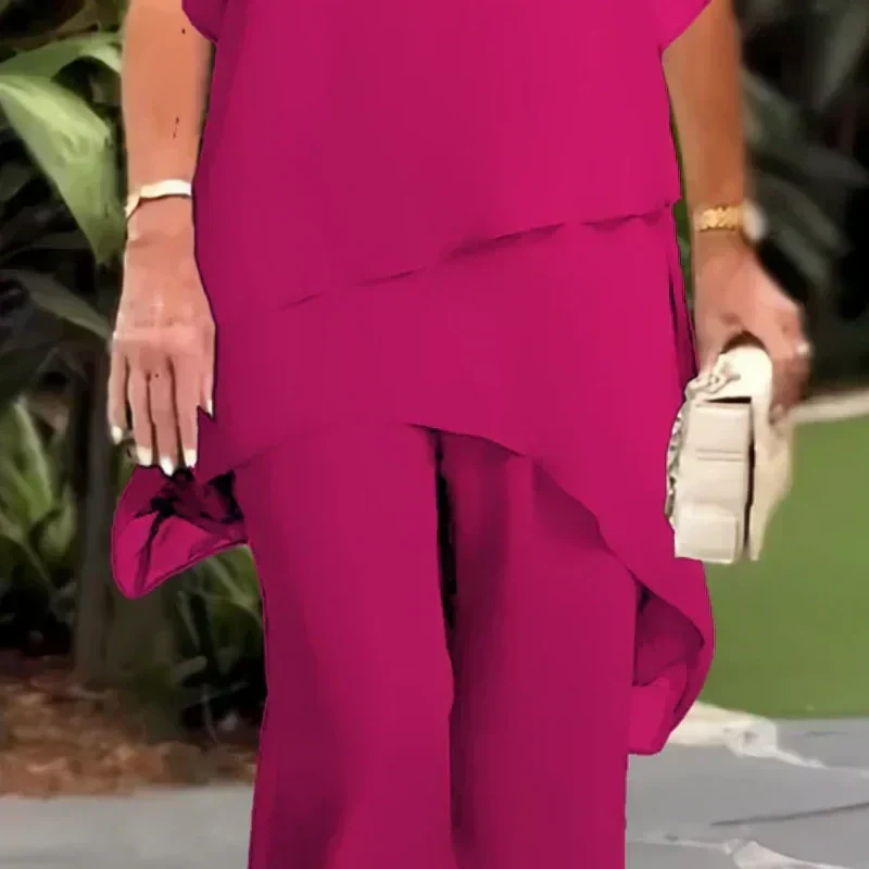 Zweiteiliges Chiffon-Set �C Asymmetrisches Lagen-Oberteil & Hose f��r Damen
