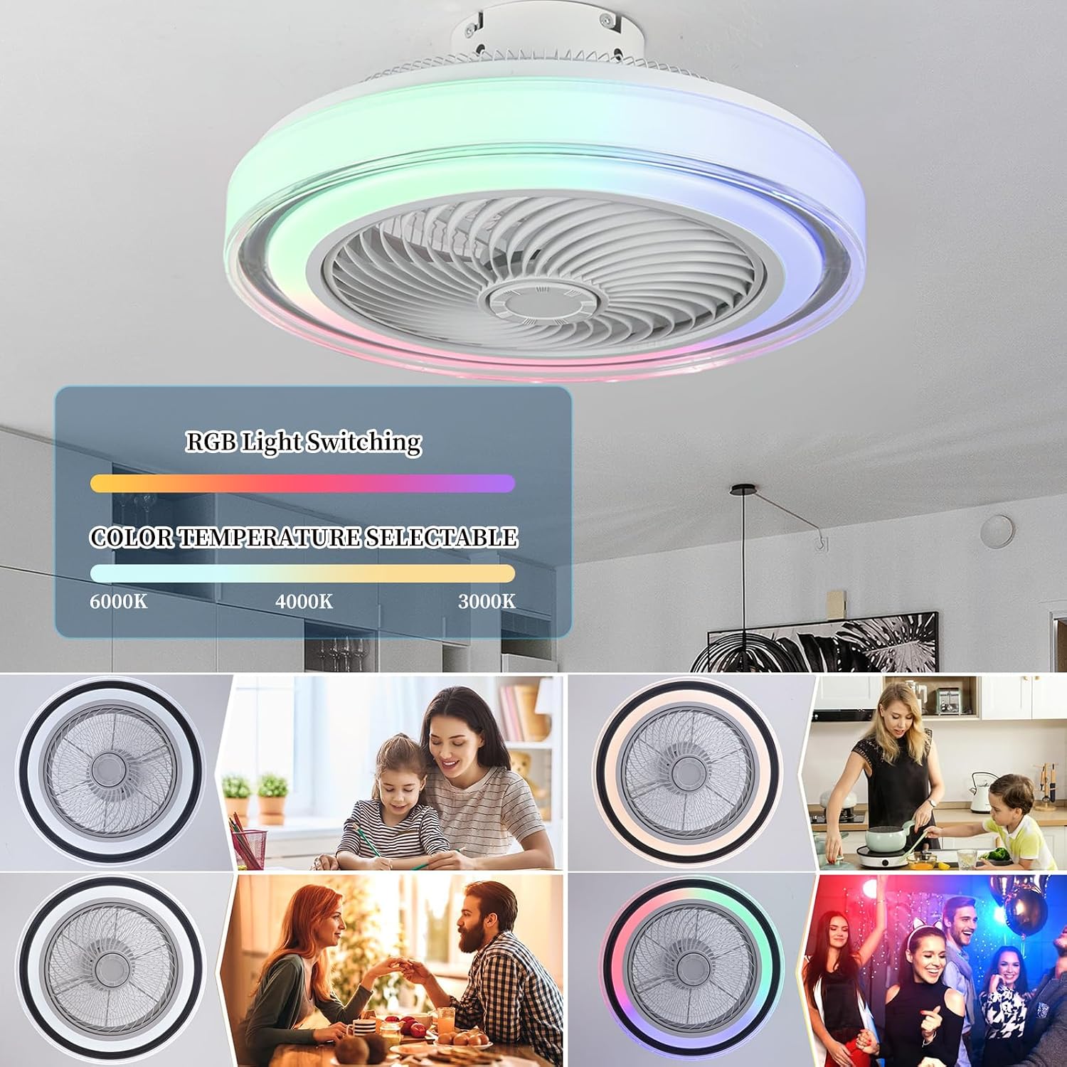 LED RGB Modern Fan Lampe Mit Ventilator Und Alexa 6 Windgeschwindigkeiten Bluetooth-Musiklautsprecher Deckenventilator Mit Beleuchtung Und Fernbedienung Für Wohnzimmer Und Kinderzimmer
