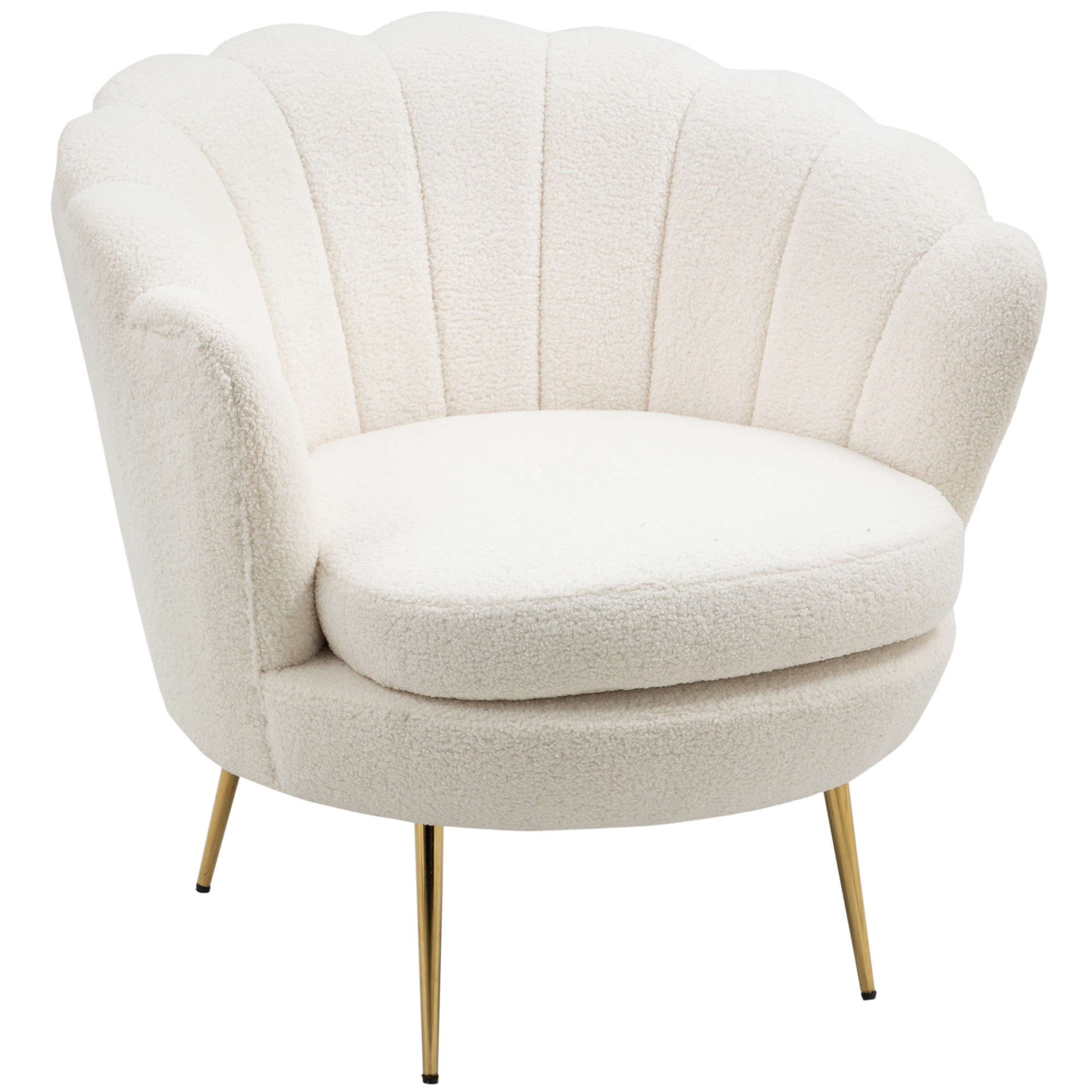 Fauteuil in Schelpvorm, Relaxstoel, Ontspanningsstoel, Metalen Poten in Goudlook, 79D x 77B x 77H cm, Wit