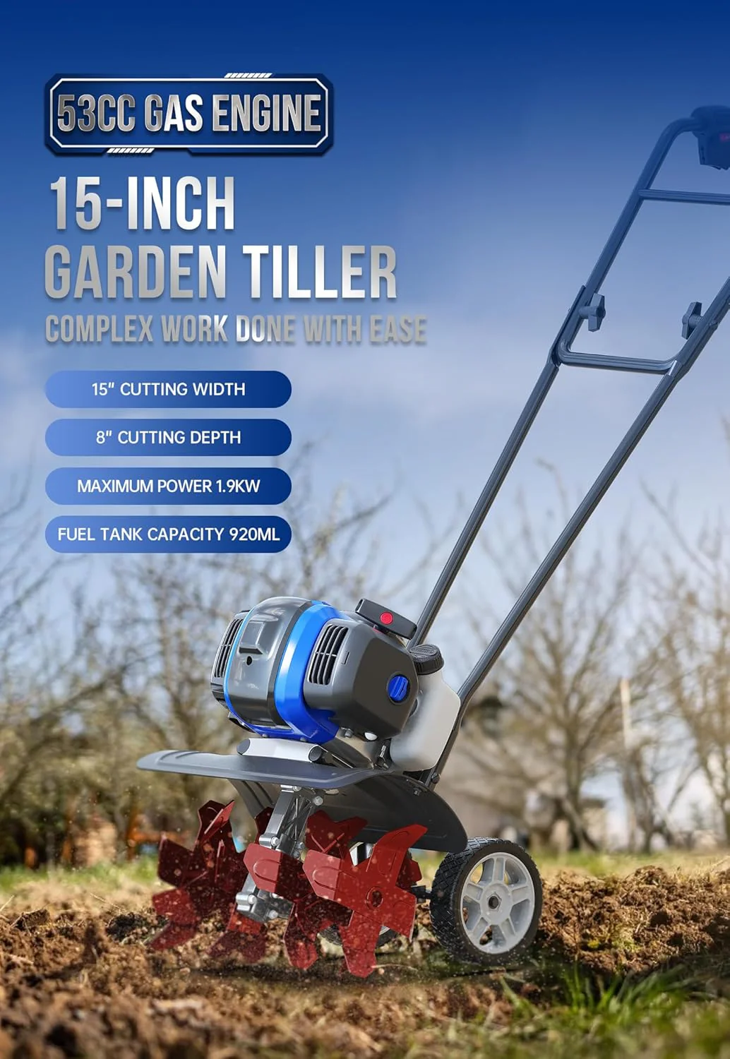 Garden Tiller 53cc Mini Cultivator 15 inch Powerful Liftable Booster Rod Tilling Tool for Lawn. Garden and Field Soil Cultivation