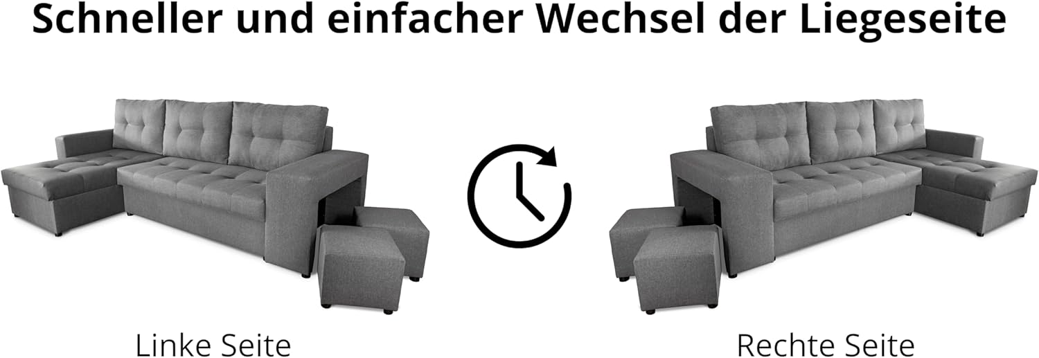 NAWSTOL - Sofa narożna Leon z funkcją spania i skrzynią na pościel – nowoczesna sofa do salonu – możliwość montażu z lewej lub prawej strony (szara + biała sztuczna skóra)