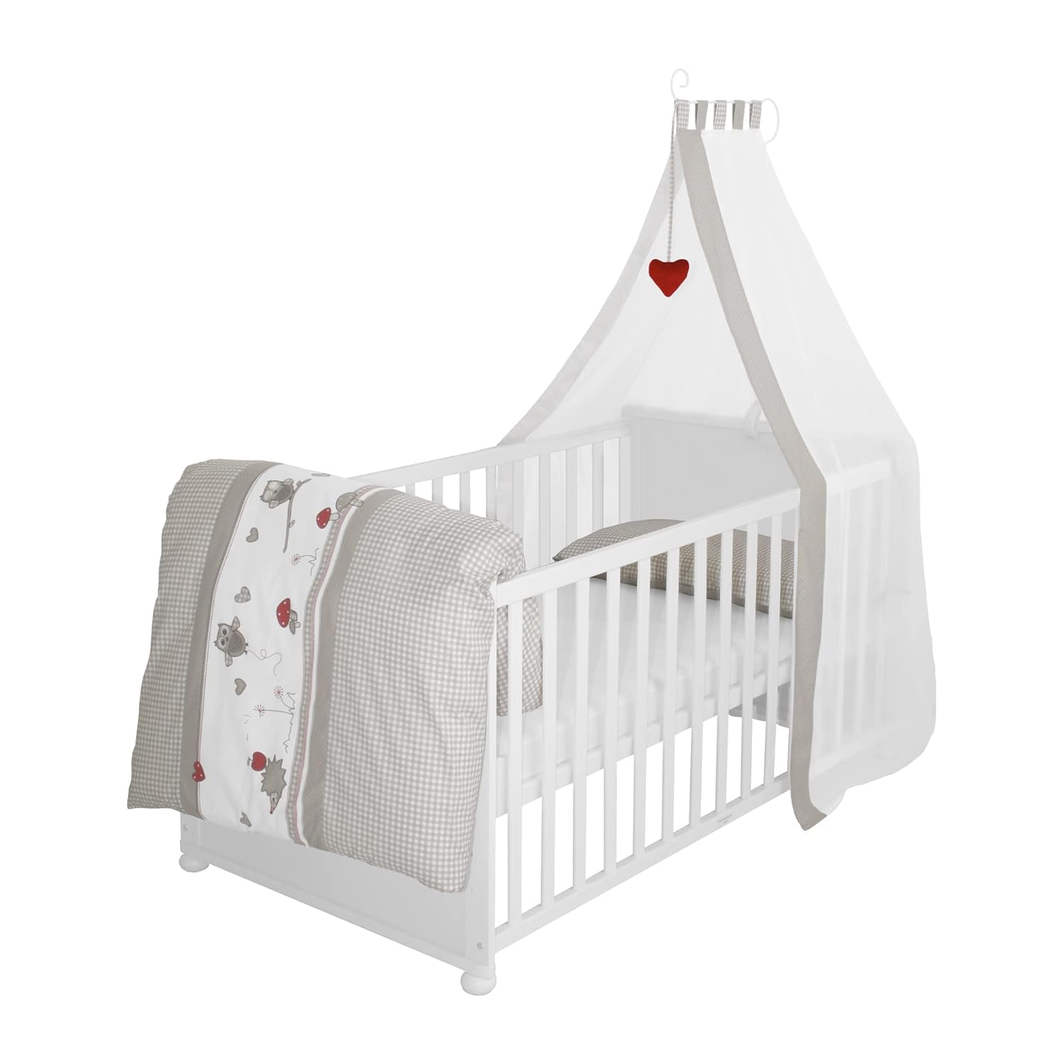 roba Babybett Set Adam & Eule - 70 x 140 cm - Mitwachsendes Kinderbett mit Bettwäsche, Himmel, Matratze - Höhenverstellbar - zu Juniorbett umbaubar - Holz weiß