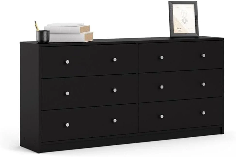 3-Pc Scandinavian Design Engineered Wood Bedroom Furniture Set with 3-Drawer Chest & 6-Drawer Double Dresser & 1-Drawer Nightstand, Pewter Plastic Handles, Smooth Plastic Glides, in Black