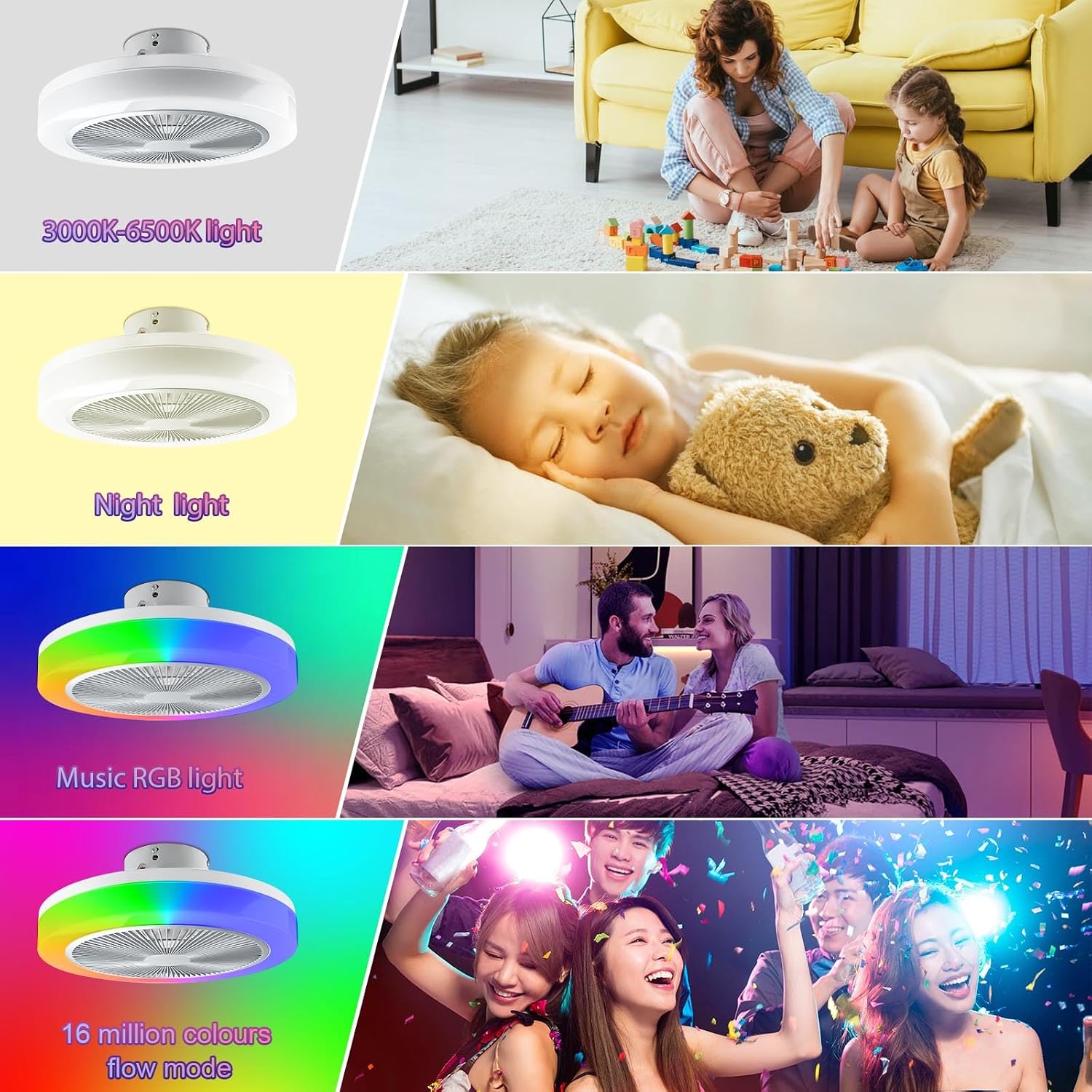RGB Deckenlampe Mit Ventilator, Dimmbare LED Lichter, Leiser Moderner Fan Mit Beleuchtung, Fernbedienung und APP-Steuerung