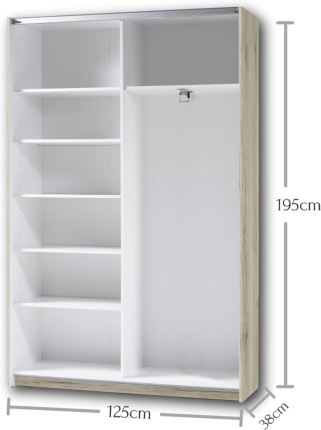 Stella Trading FAST Eleganter Kleiderschrank / Garderobenschrank mit viel Stauraum - Vielseitiger Schwebetürenschrank in San Remo Optik, weiß - 125 x 195 x 38 cm (B/H/T)