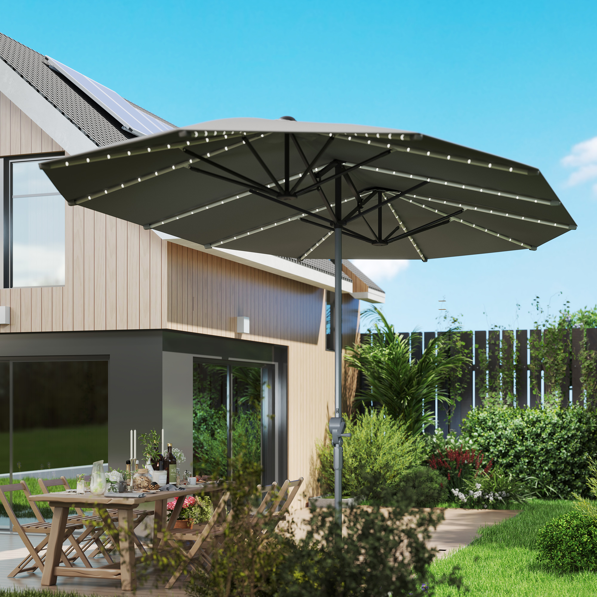 Dubbele Parasol met Zonne-energie Verlichting, Aluminium, Polyester, UPF50+ Bescherming, UV-bestendig, Terras Parasol, Donkergrijs