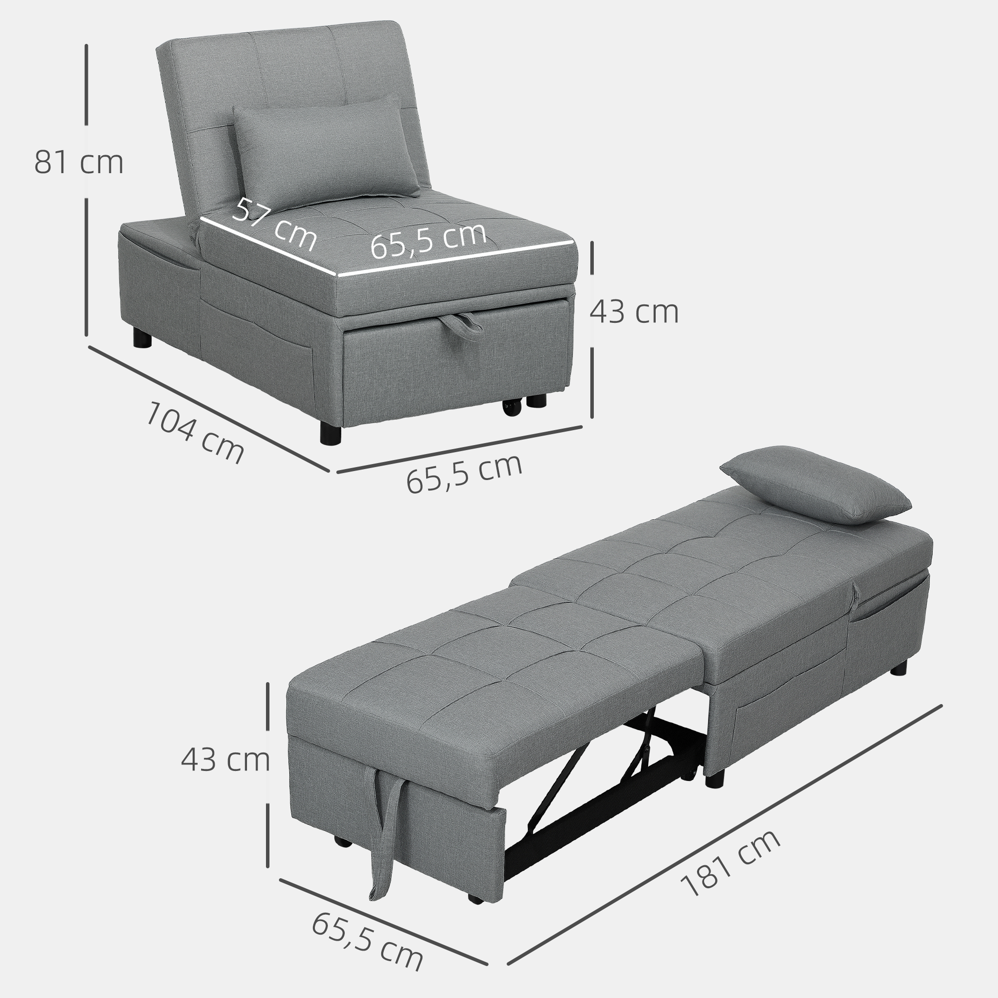 3-in-1 Opklapbare Fauteuil met Zijvak, Gastenbed met Kussen, Verstelbare Rugleuning, Slaapstoel met Wielen, Lichtgrijs